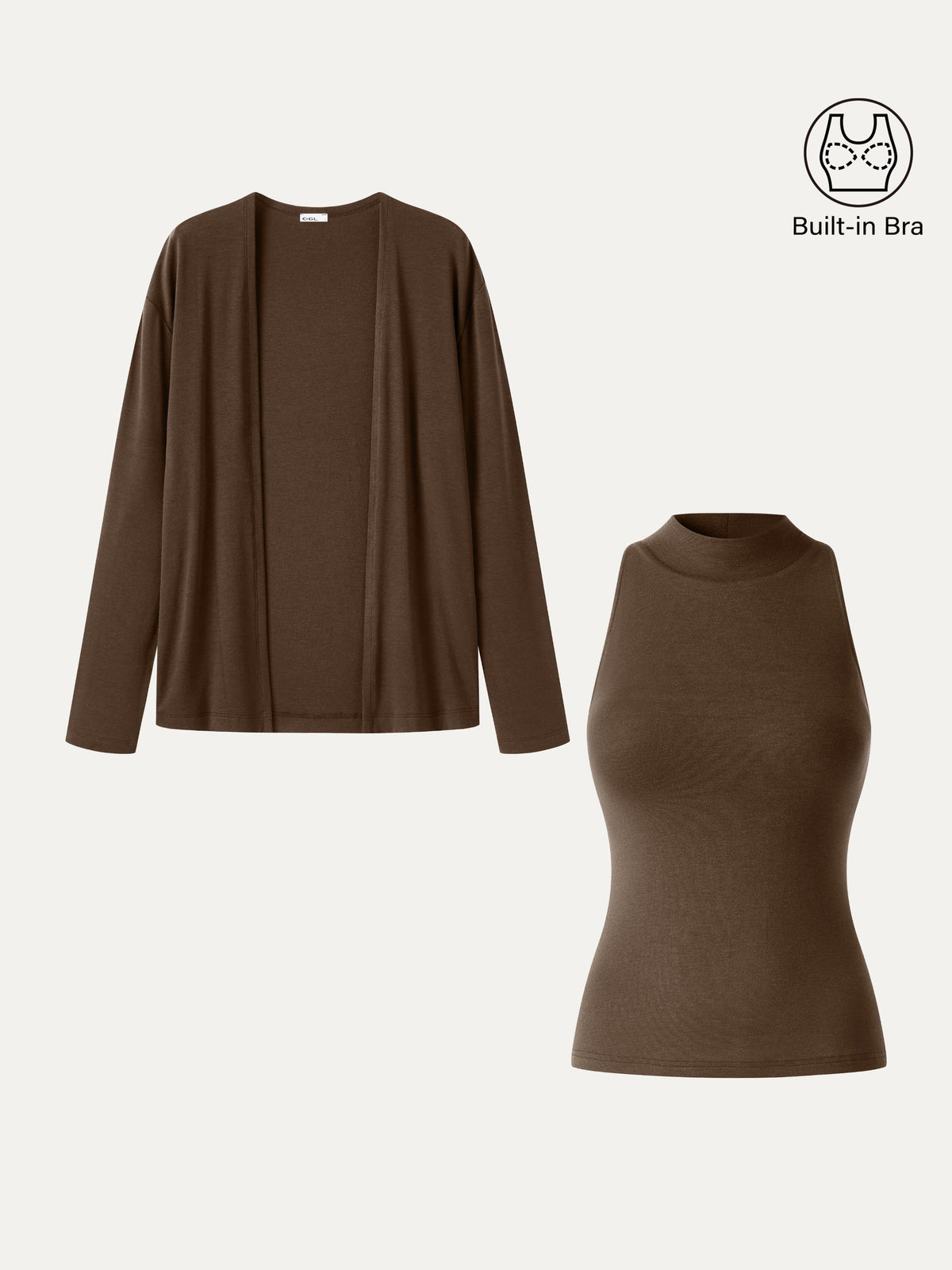 2Pcs Set Mock Neck Bra Top & Open-Front Long Sleeve Cardigan