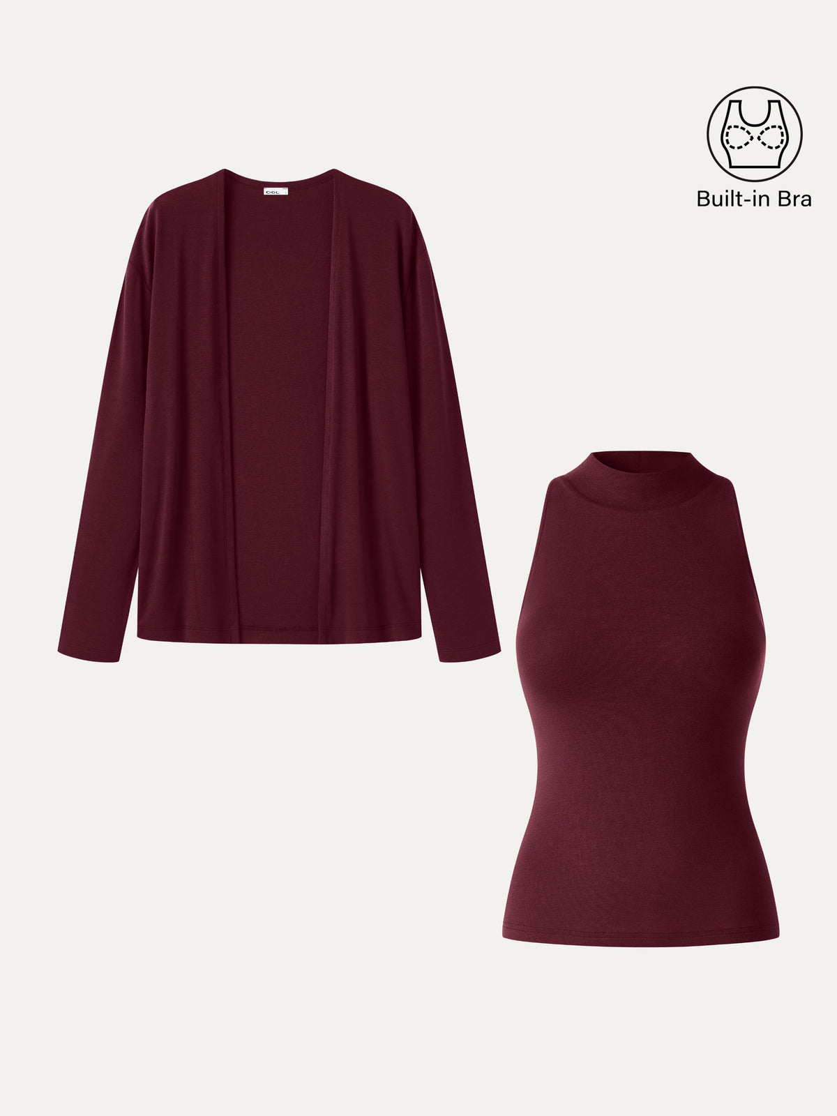 2Pcs Set Mock Neck Bra Top & Open-Front Long Sleeve Cardigan