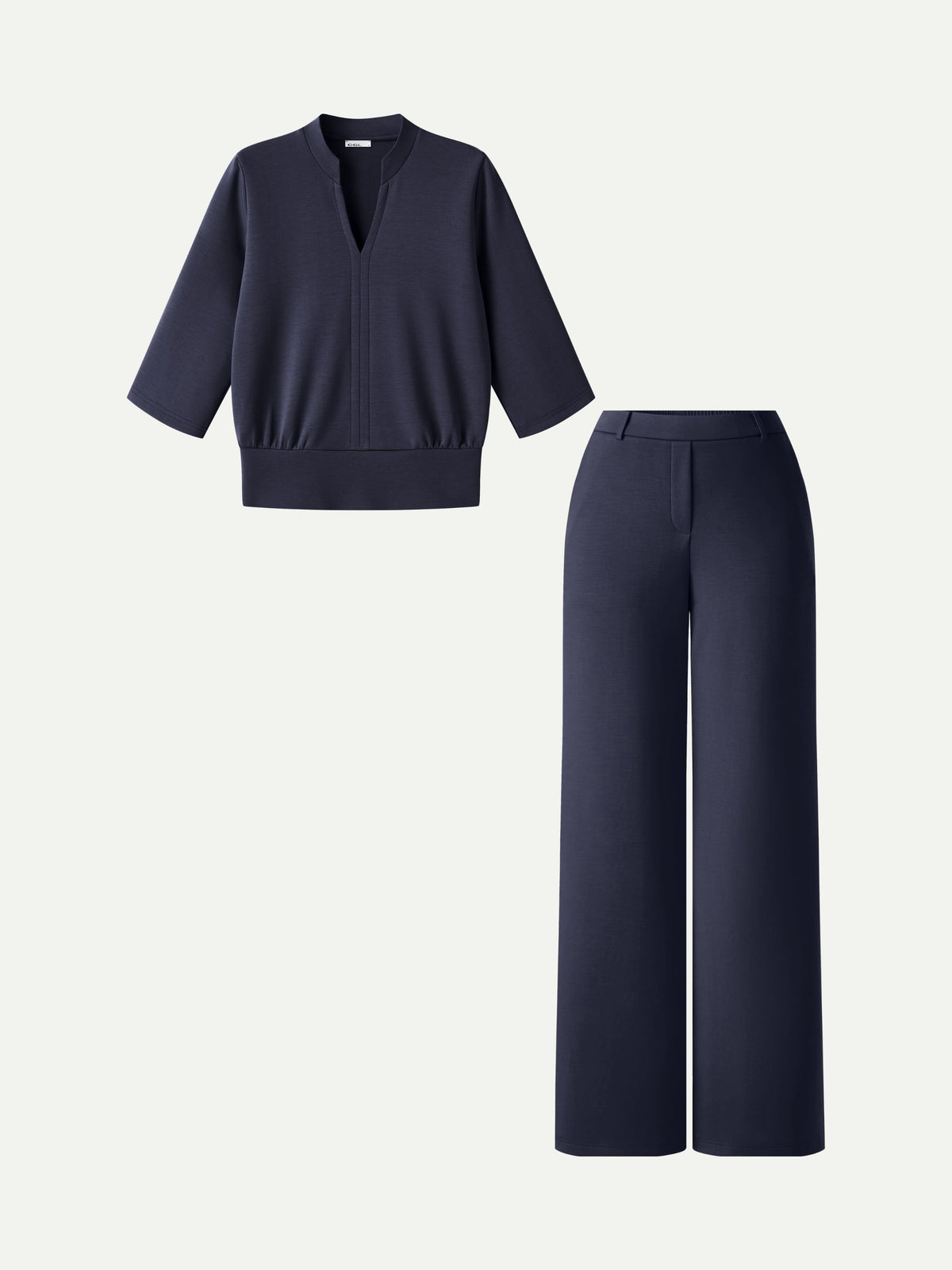 2Pcs Set V-Neck Elbow Sleeve Top & High-Rise Wide Leg Pants with Pockets