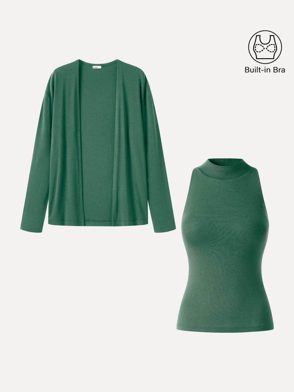 2Pcs Set Mock Neck Bra Top & Open-Front Long Sleeve Cardigan
