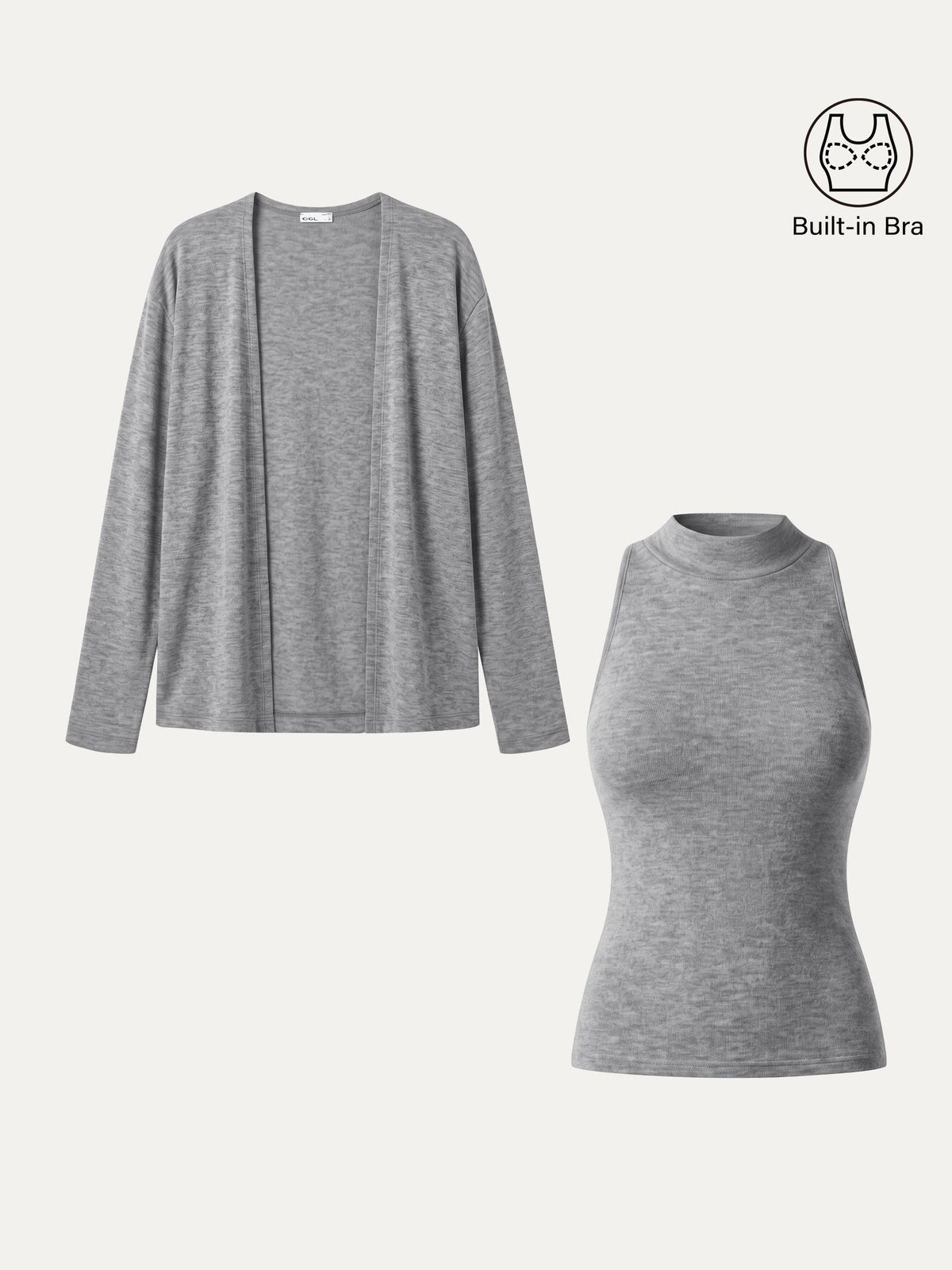2Pcs Set Mock Neck Bra Top & Open-Front Long Sleeve Cardigan