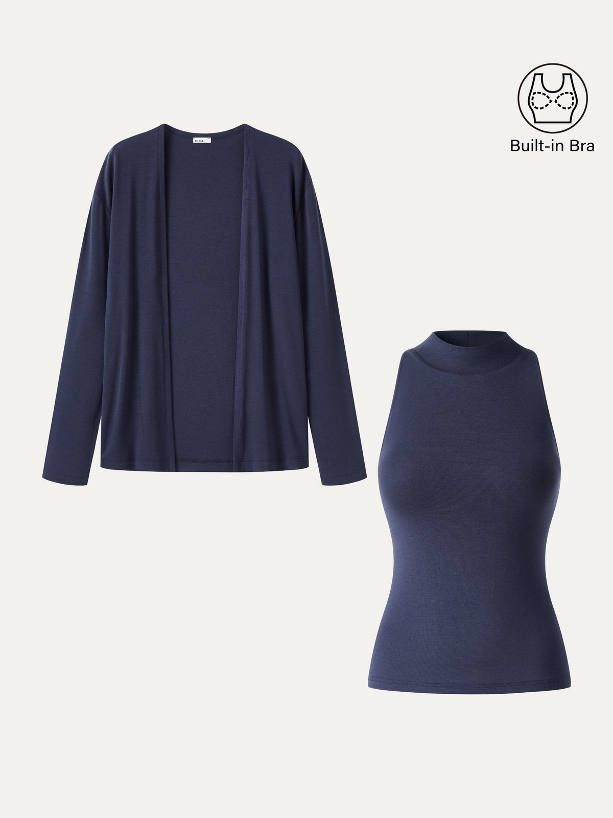 2Pcs Set Mock Neck Bra Top & Open-Front Long Sleeve Cardigan