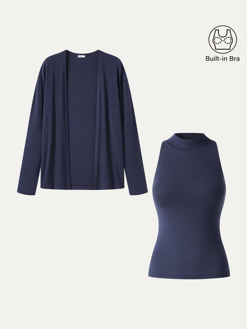 2Pcs Set Mock Neck Bra Top & Open-Front Long Sleeve Cardigan