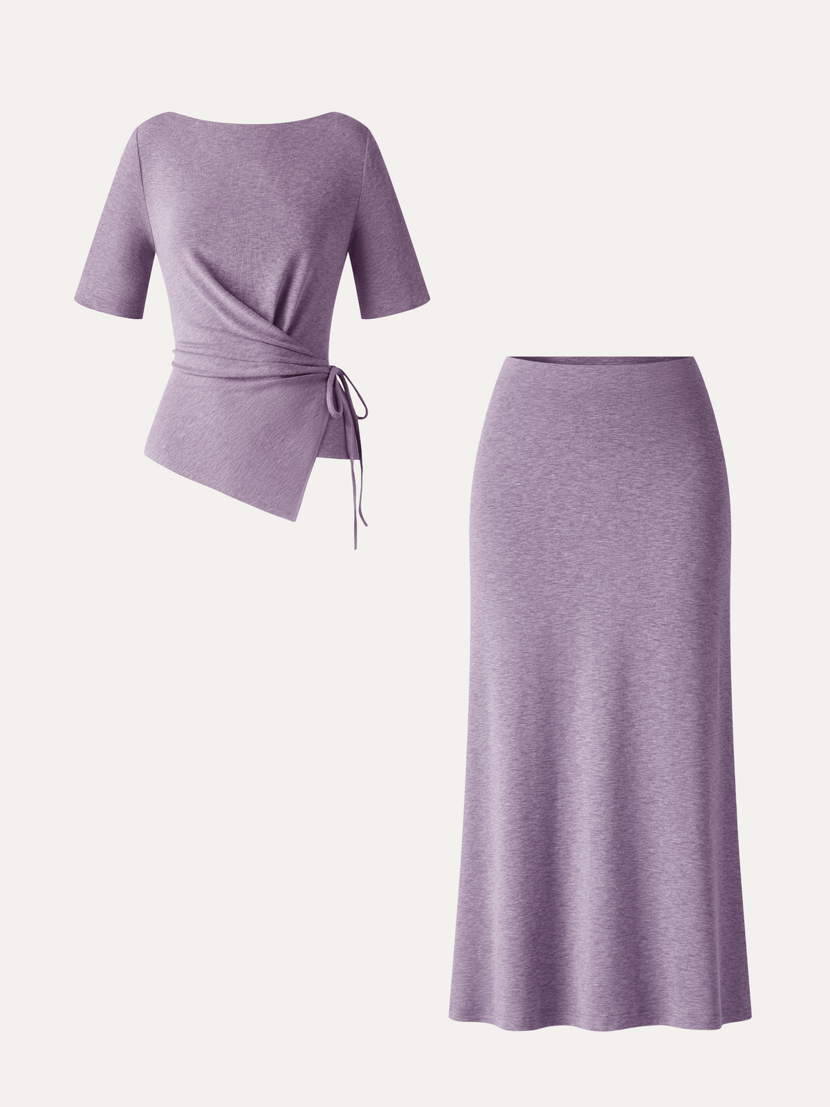 2Pcs Set Short Sleeve Tie-Side Top & Side-Slit A-Line Midi Skirt