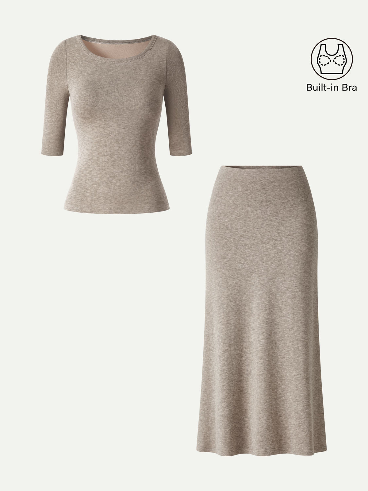 2Pcs Set Round Neck Elbow Sleeve Bra Top & Side-Slit A-Line Midi Skirt