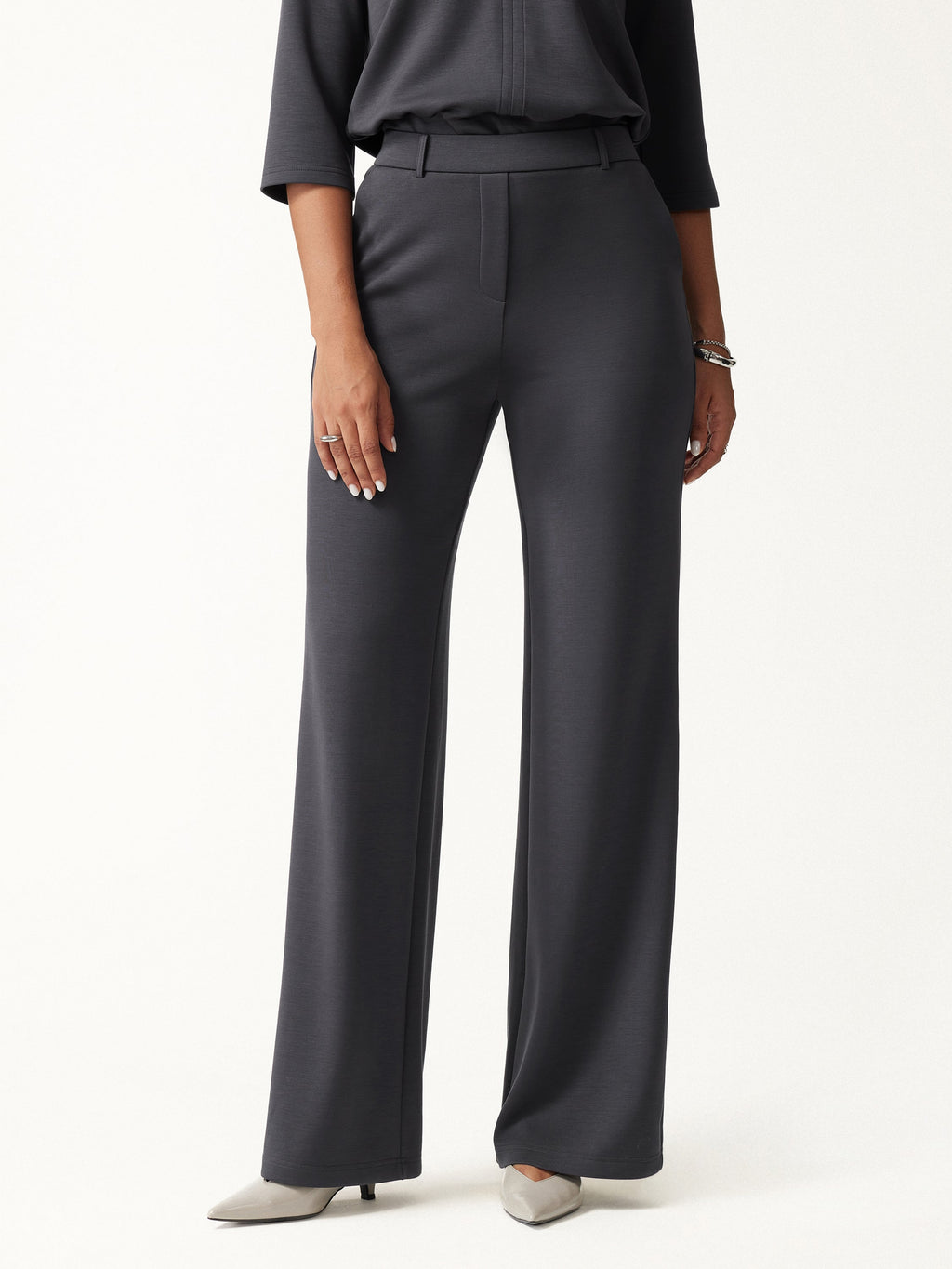 2Pcs Set V-Neck Elbow Sleeve Top & High-Rise Wide Leg Pants with Pockets