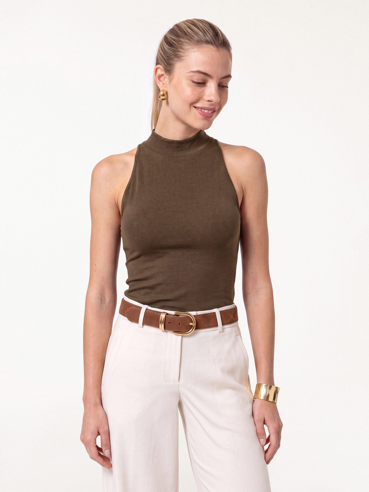 Lyocell-Wool Knit Mock Neck Bra Top