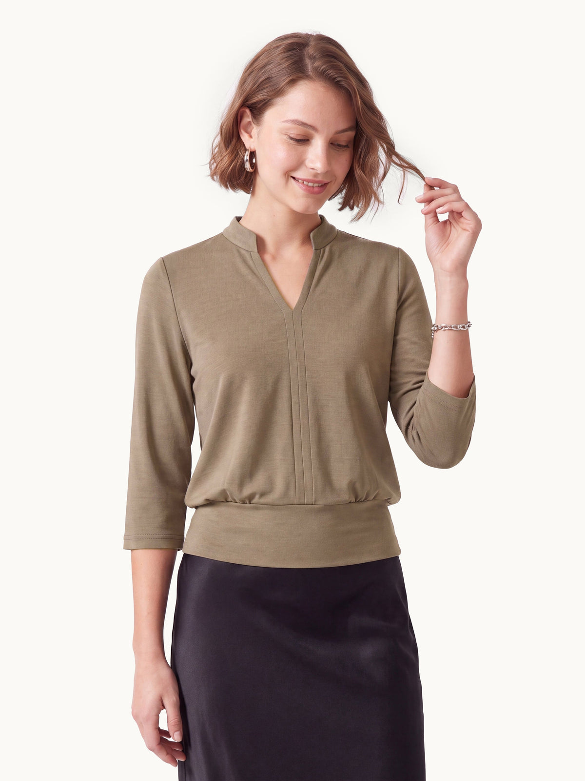 Lyocell Spacer Knit V-Neck Elbow Sleeve Banded Top