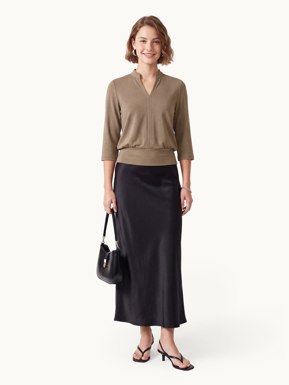 Lyocell Spacer Knit V-Neck Elbow Sleeve Banded Top