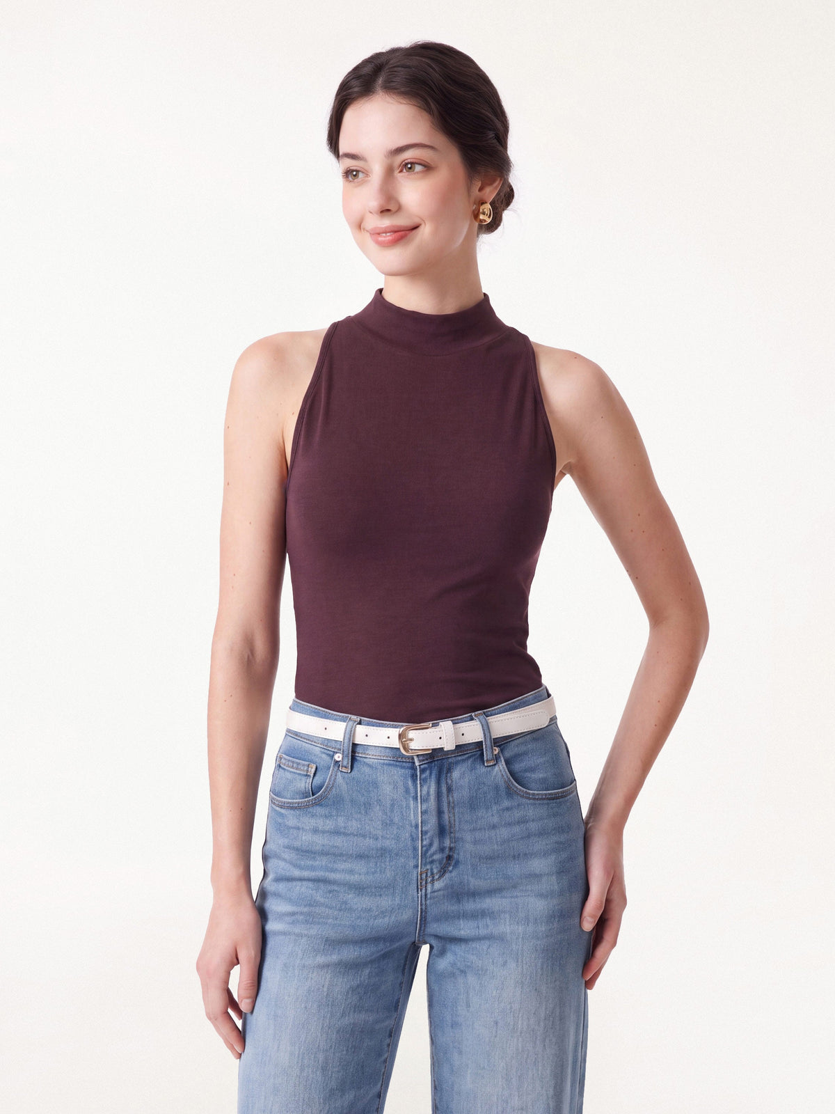 Lyocell-Wool Knit Mock Neck Bra Top