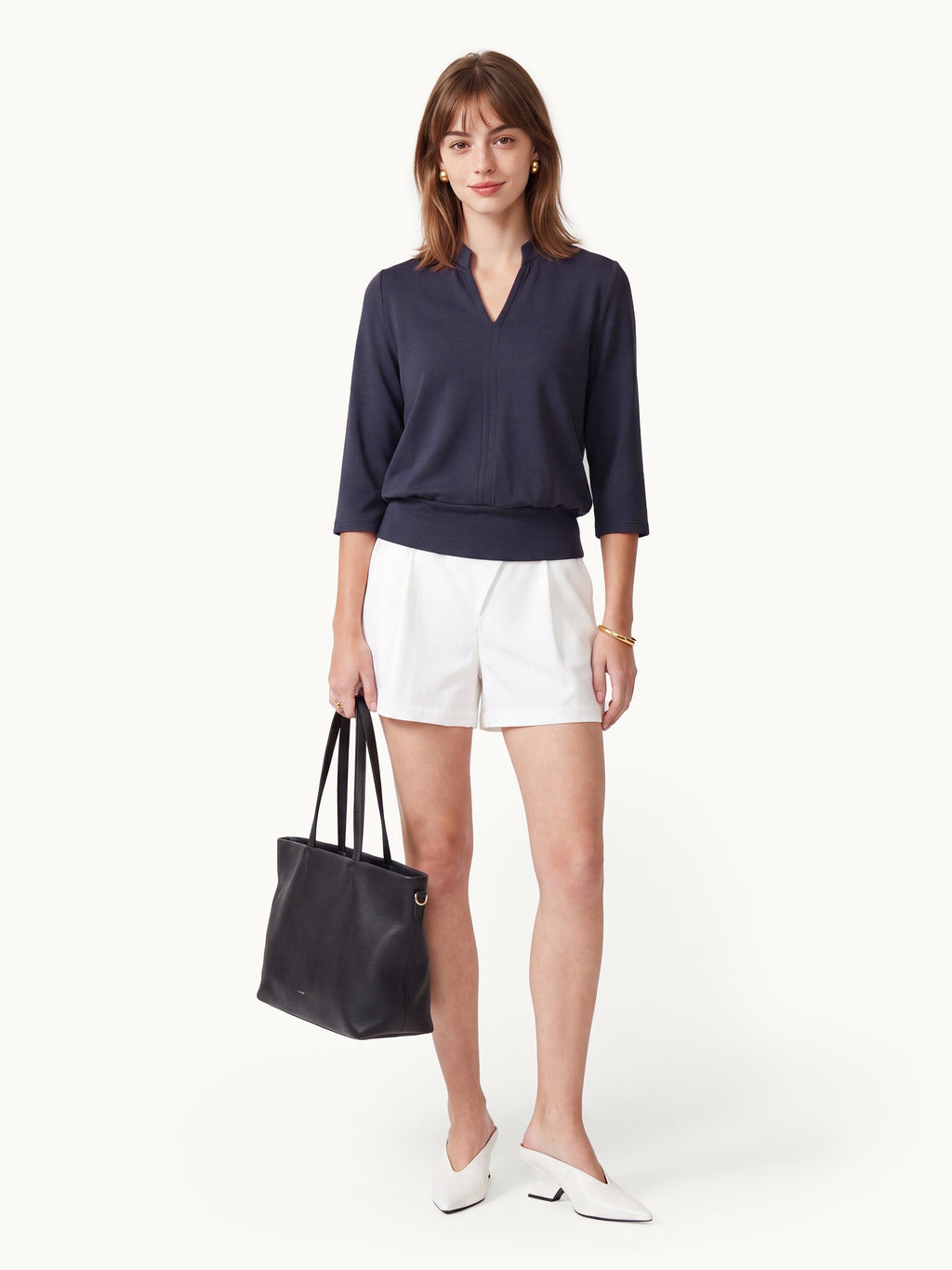 Lyocell Spacer Knit V-Neck Elbow Sleeve Banded Top