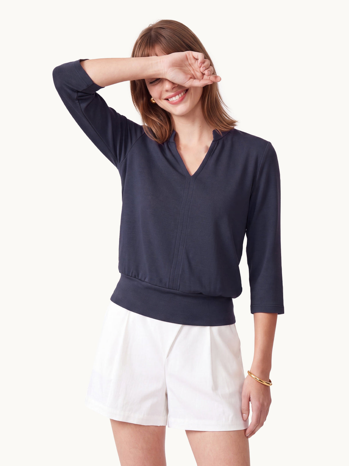 Lyocell Spacer Knit V-Neck Elbow Sleeve Banded Top