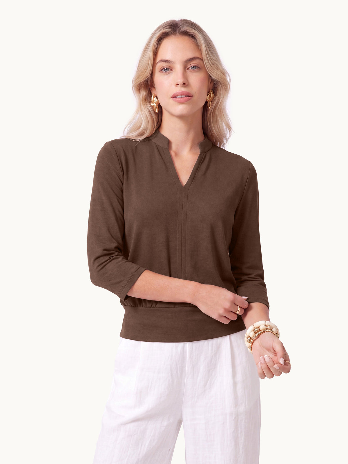 Lyocell Spacer Knit V-Neck Elbow Sleeve Banded Top