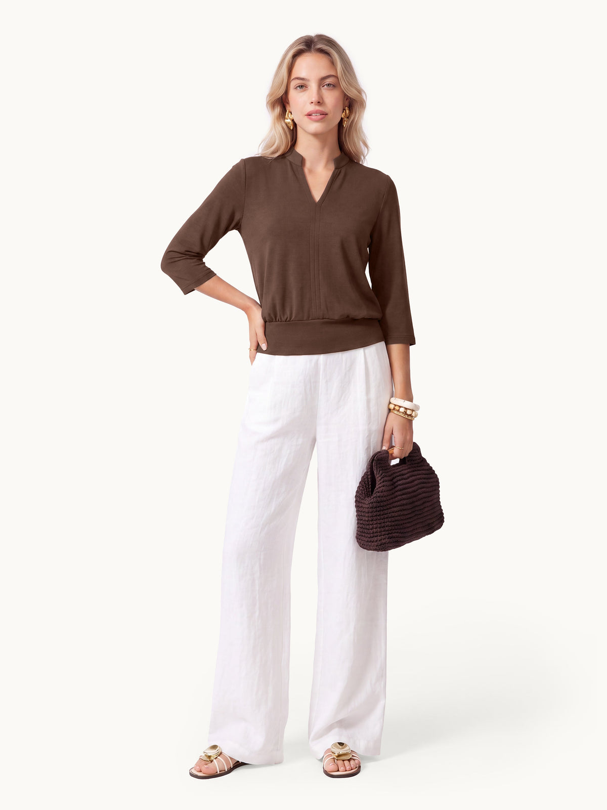 Lyocell Spacer Knit V-Neck Elbow Sleeve Banded Top