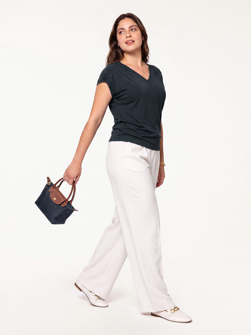 Modal Relaxed V-Neck Gathered Shoulder Top