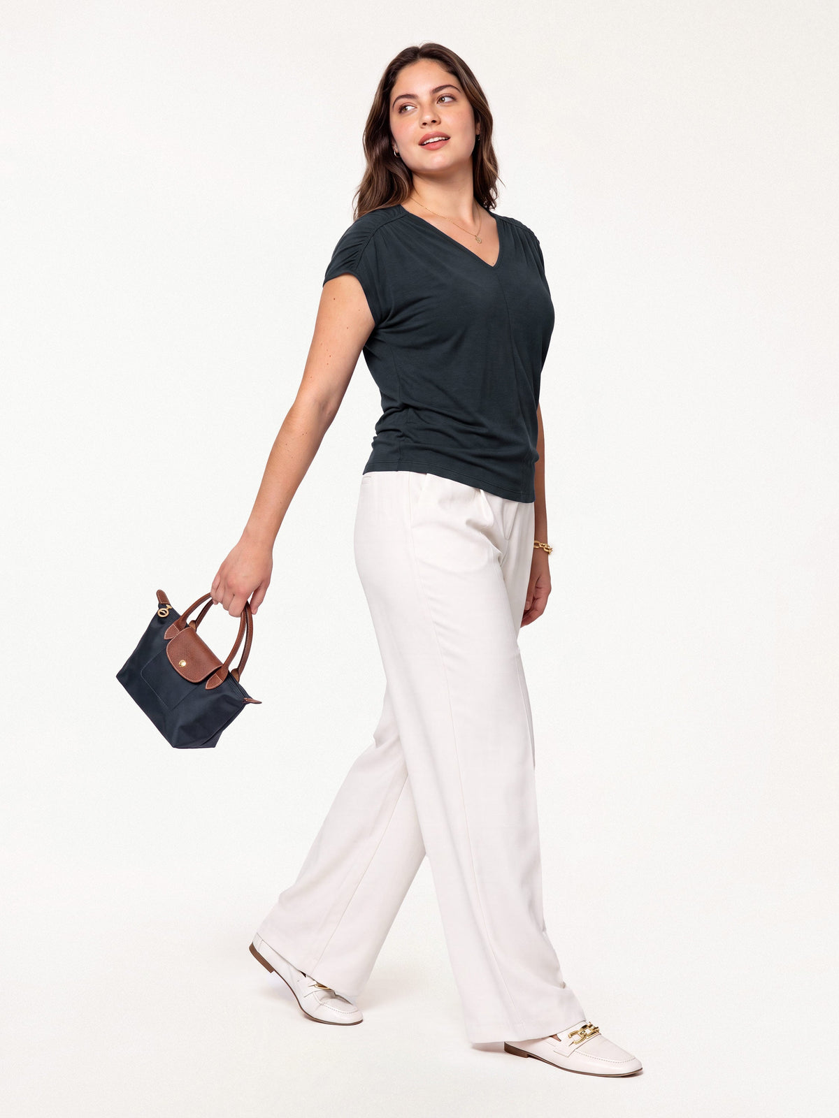 Modal Relaxed V-Neck Gathered Shoulder Top
