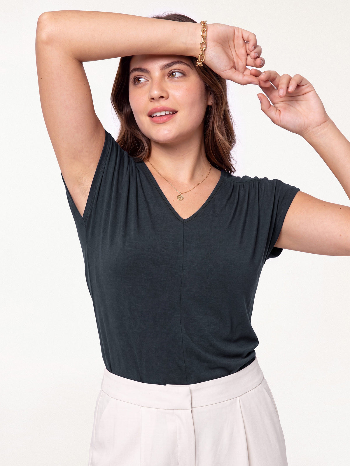Modal Relaxed V-Neck Gathered Shoulder Top