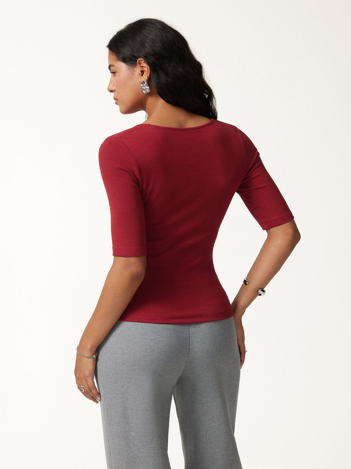 Essential Stretch Cotton Square Neck Elbow Length Sleeve Bra Top