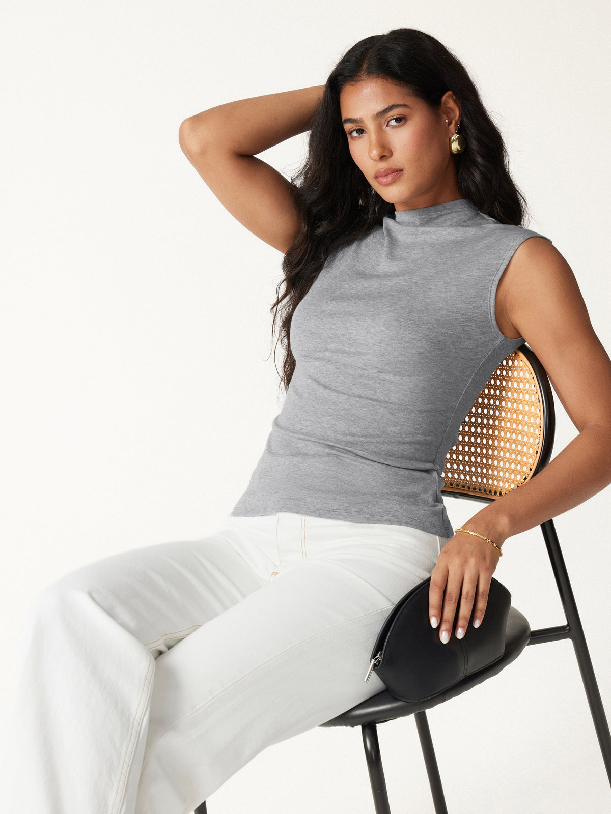 Lyocell-Wool Mock Neck Sleeveless Top