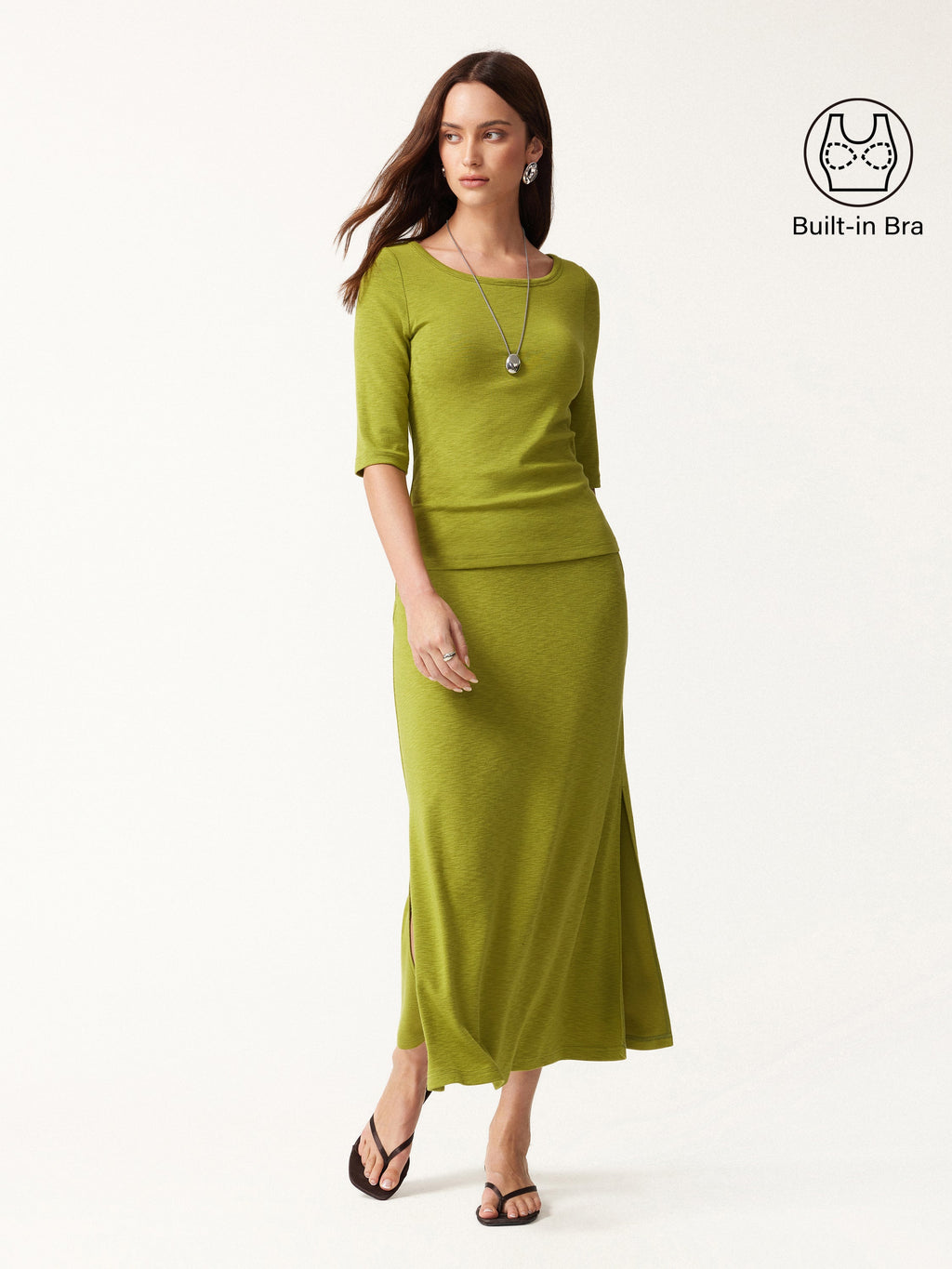 2Pcs Set Round Neck Elbow Sleeve Bra Top & Side-Slit A-Line Midi Skirt