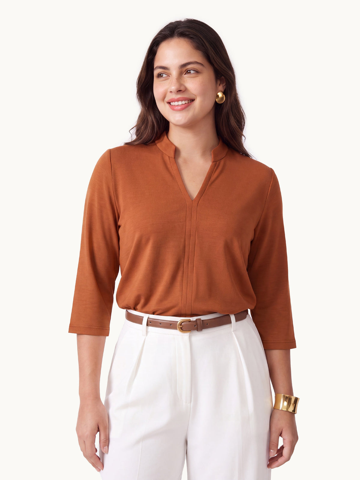 Lyocell Spacer Knit V-Neck Elbow Sleeve Banded Top