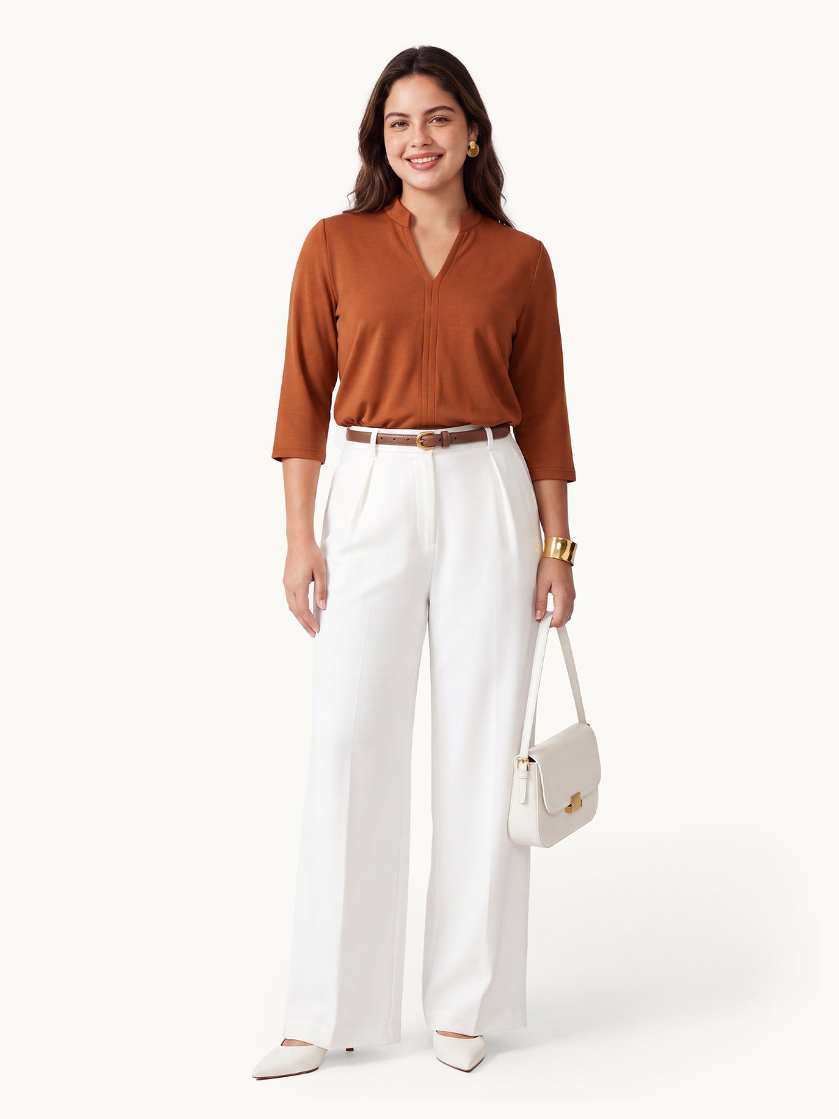Lyocell Spacer Knit V-Neck Elbow Sleeve Banded Top