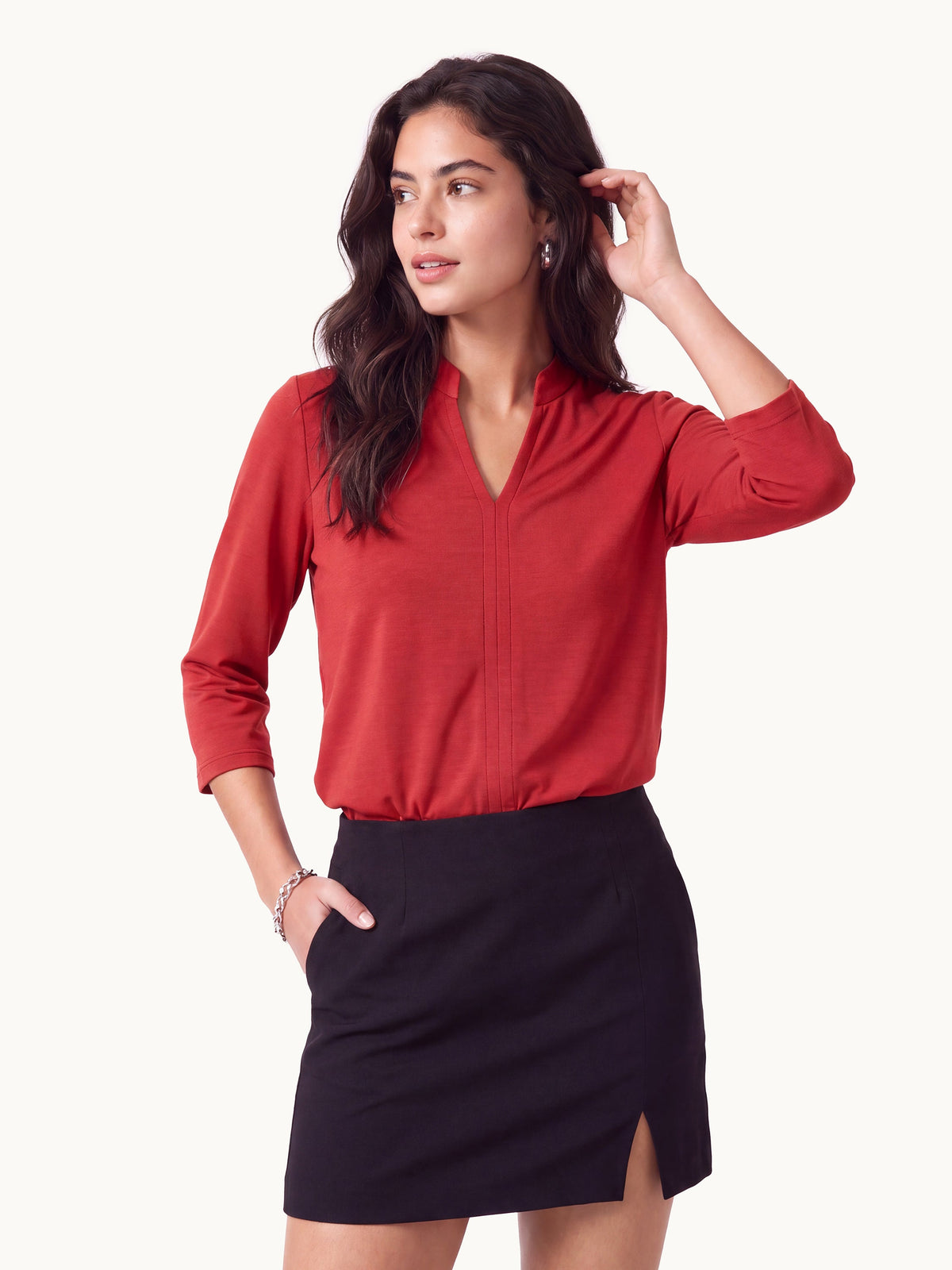 Lyocell Spacer Knit V-Neck Elbow Sleeve Banded Top