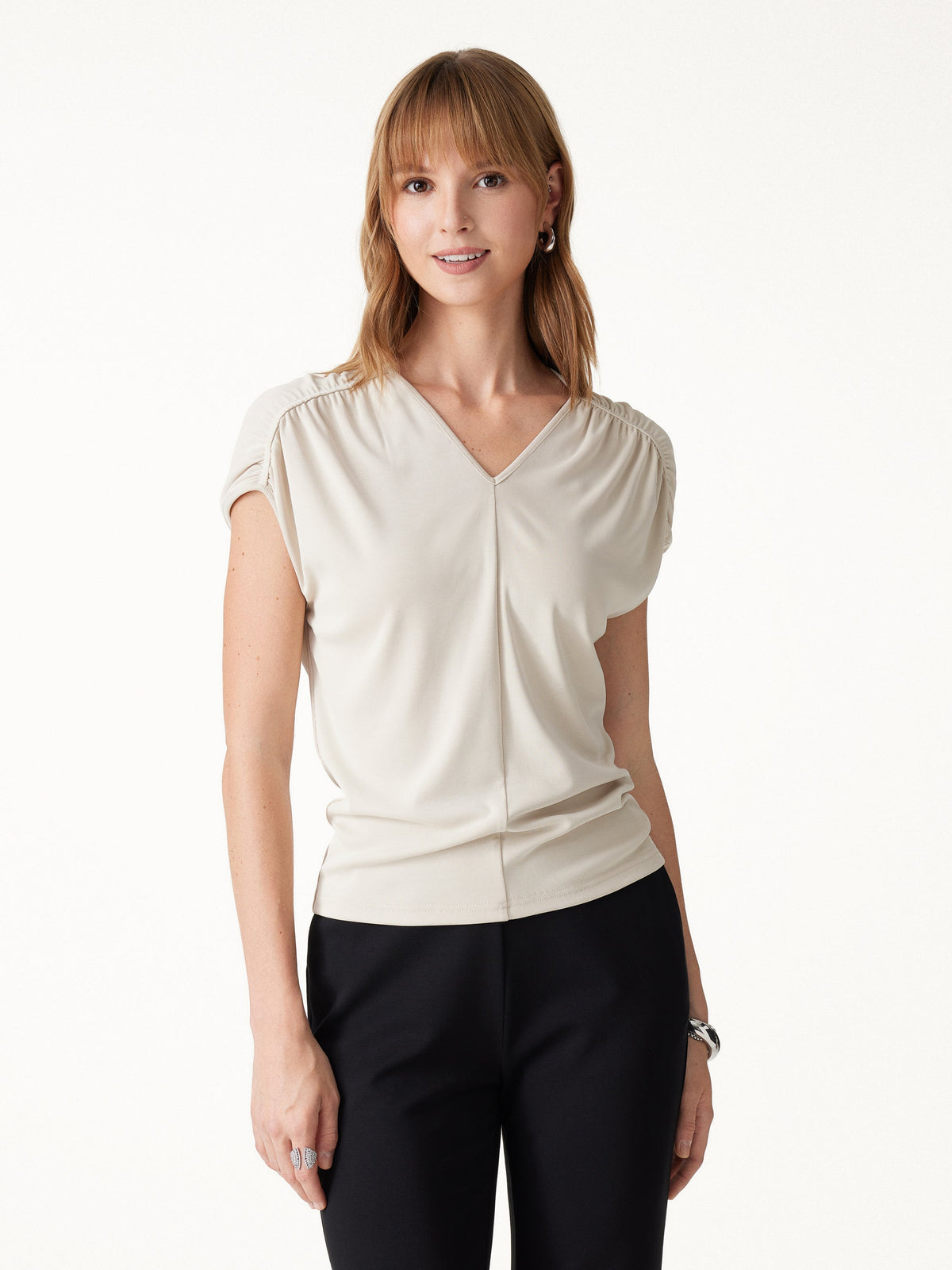 Sandwashed Modal Relaxed V-Neck Gathered Shoulder Top