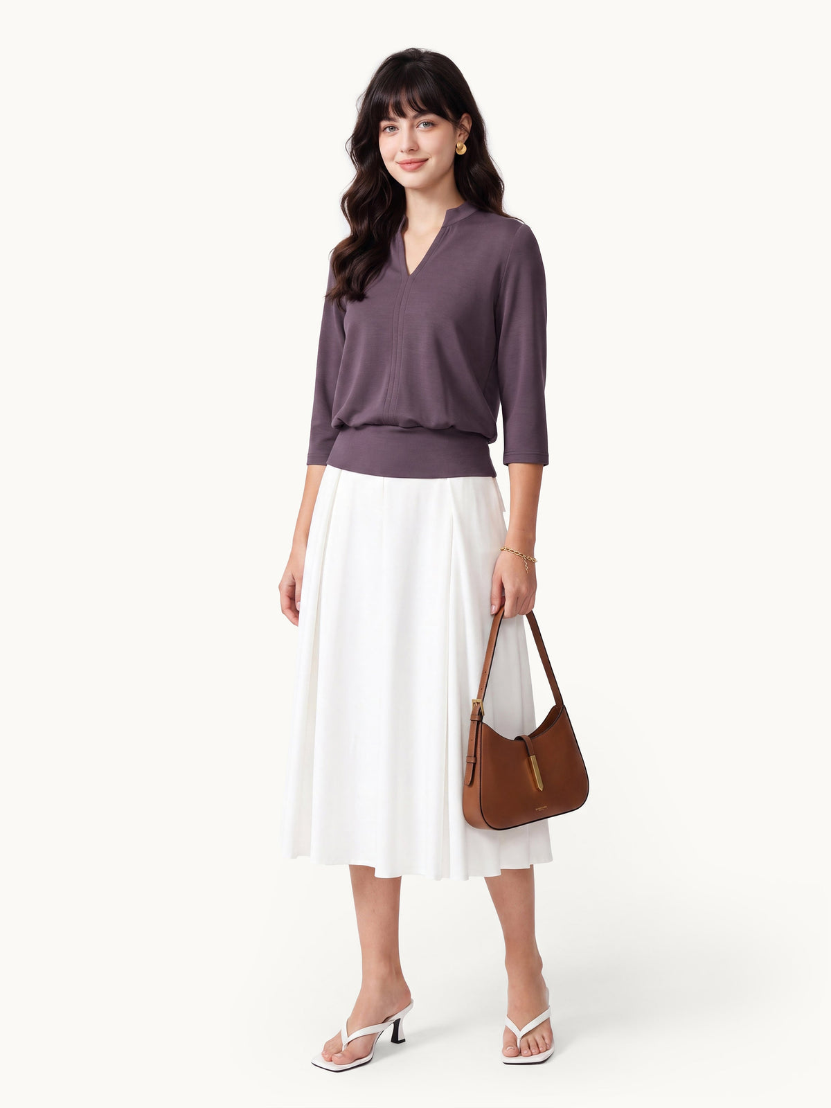 Lyocell Spacer Knit V-Neck Elbow Sleeve Banded Top