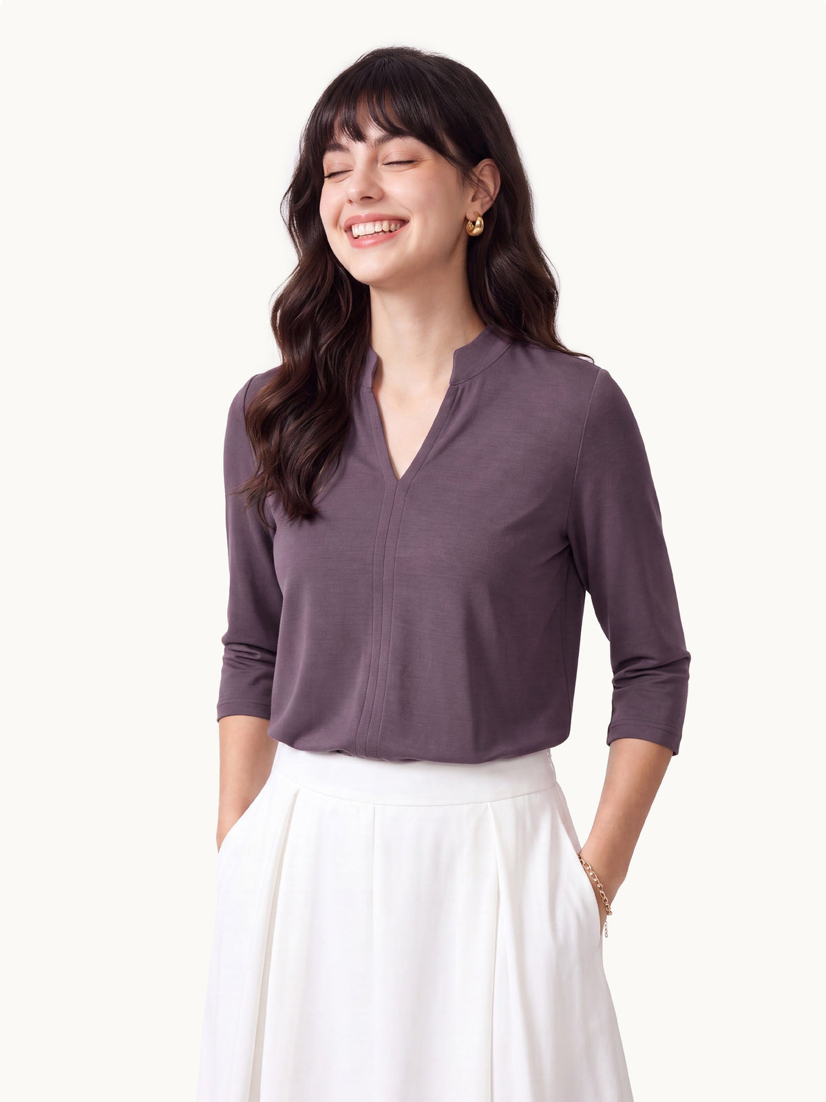 Lyocell Spacer Knit V-Neck Elbow Sleeve Banded Top