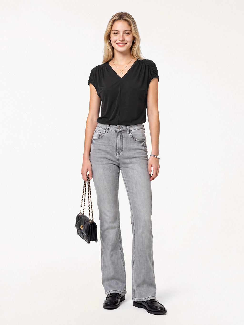 Modal Relaxed V-Neck Gathered Shoulder Top