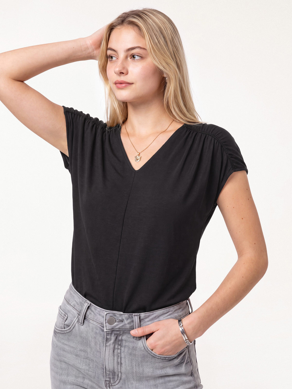 Modal Relaxed V-Neck Gathered Shoulder Top