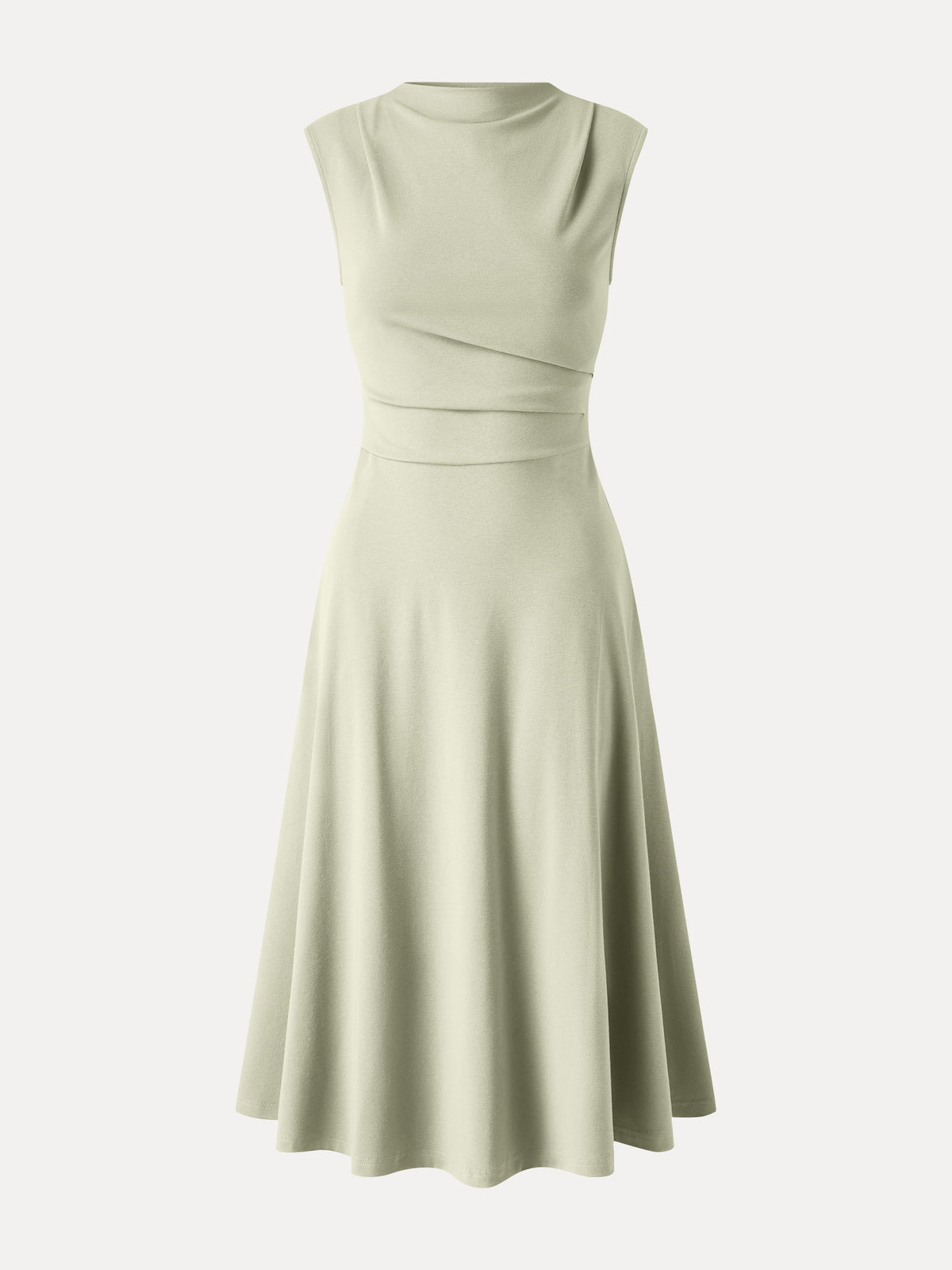 Viscose-Cotton Mock Neck Sleeveless Tucked Midi Dress