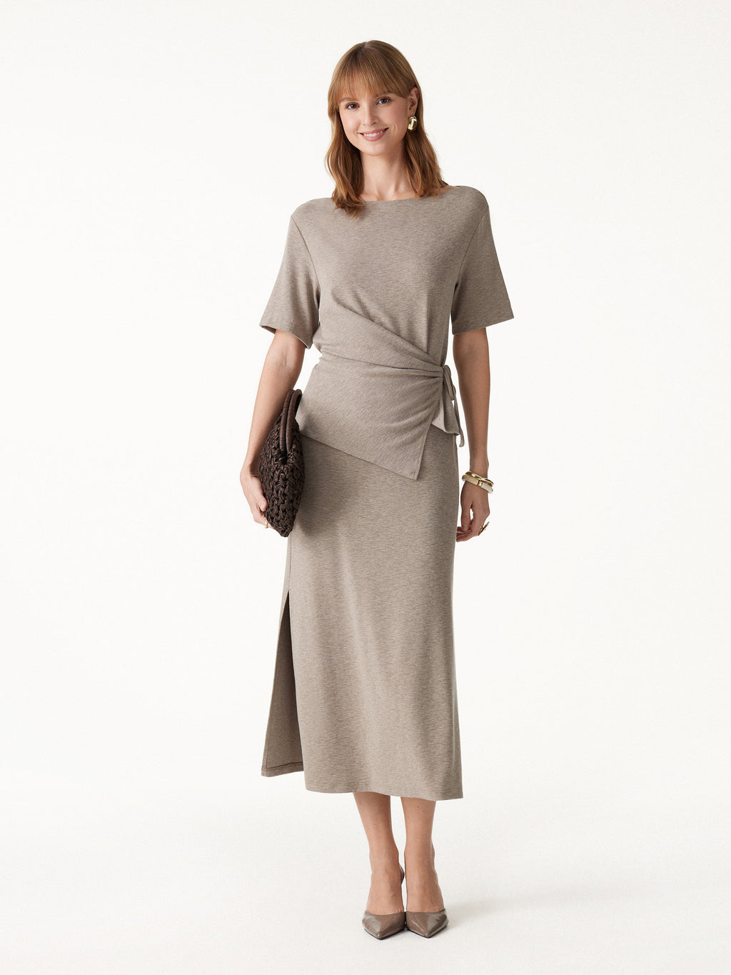 2Pcs Set Short Sleeve Tie-Side Top & Side-Slit A-Line Midi Skirt