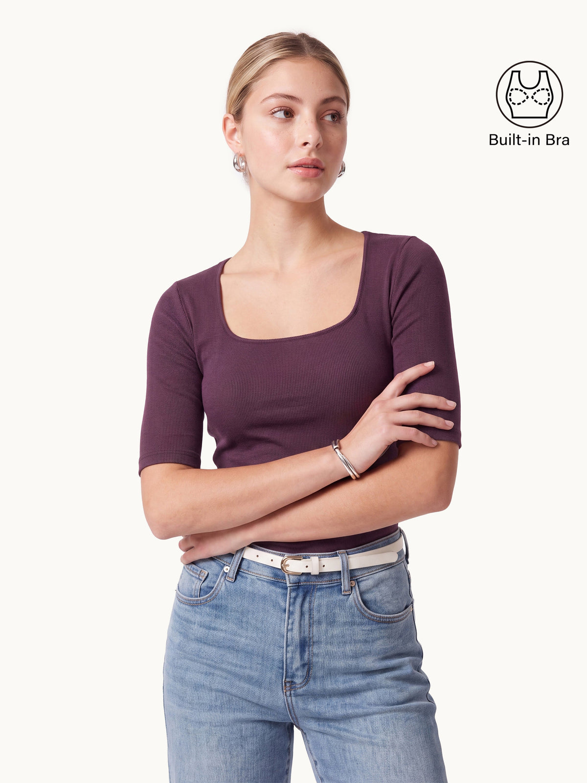 Essential Square Neck Elbow Length Sleeve Bra Top