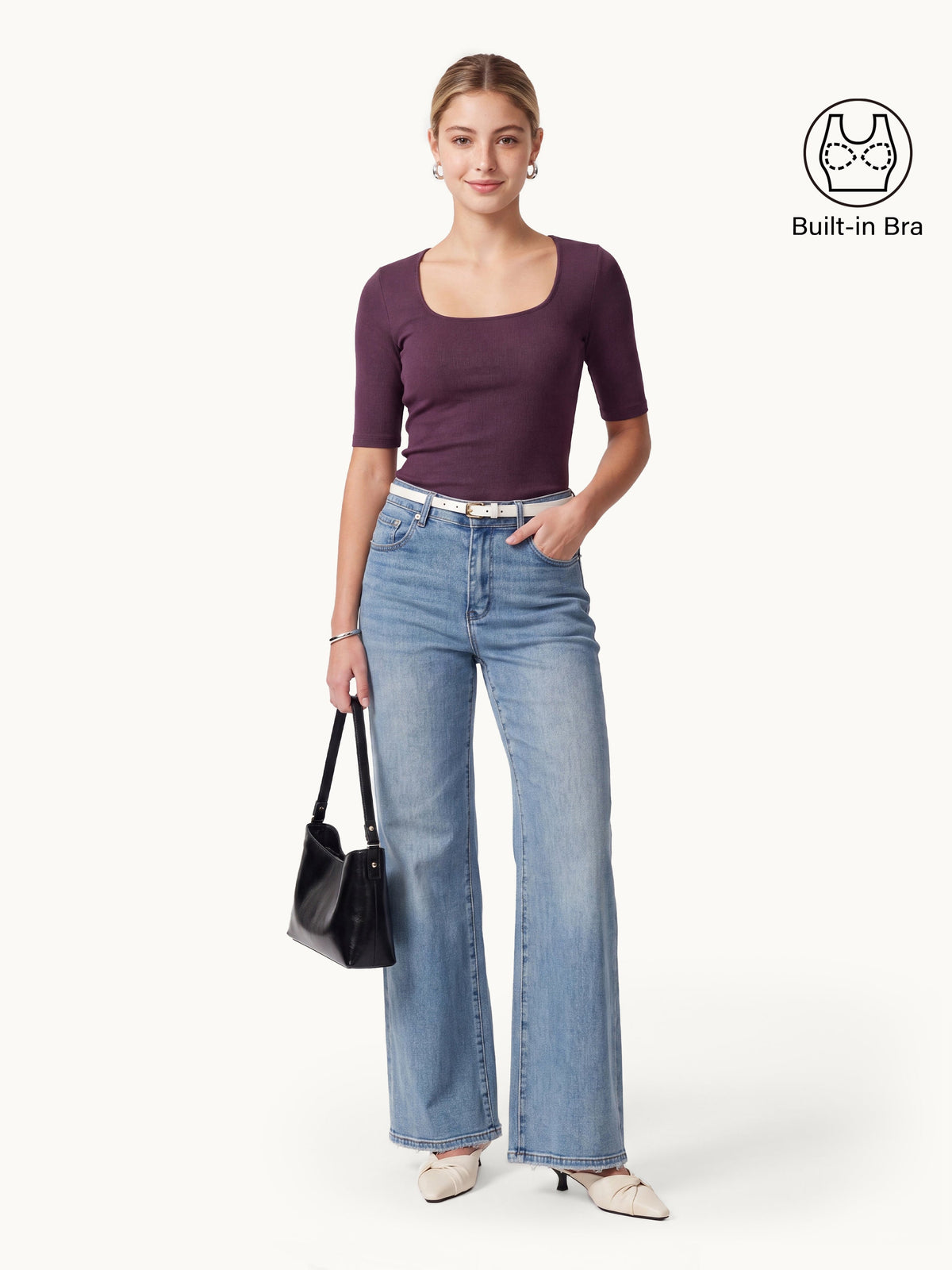 Essential Square Neck Elbow Length Sleeve Bra Top