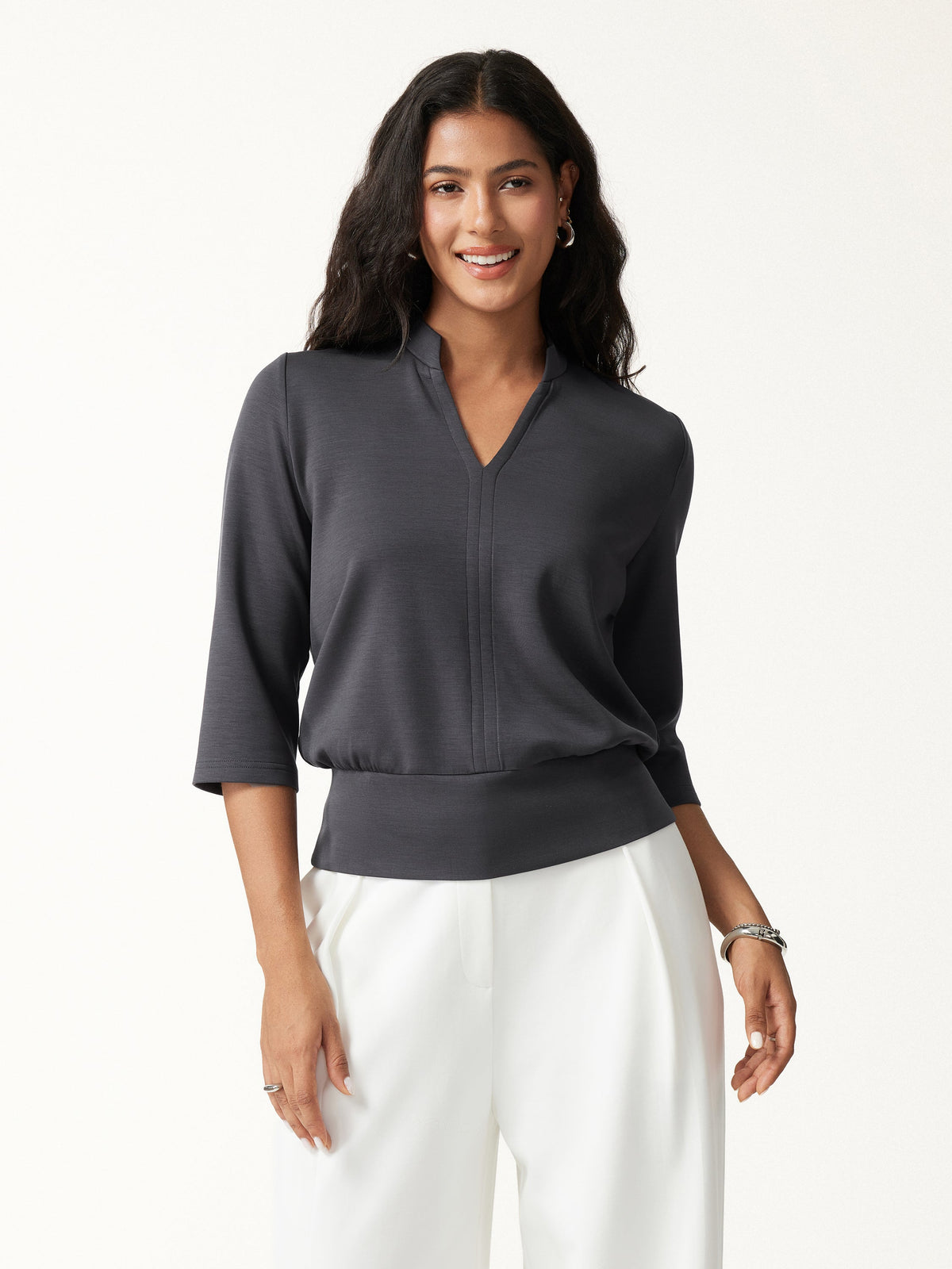 Lyocell Spacer Knit V-Neck Elbow Sleeve Banded Hem Top