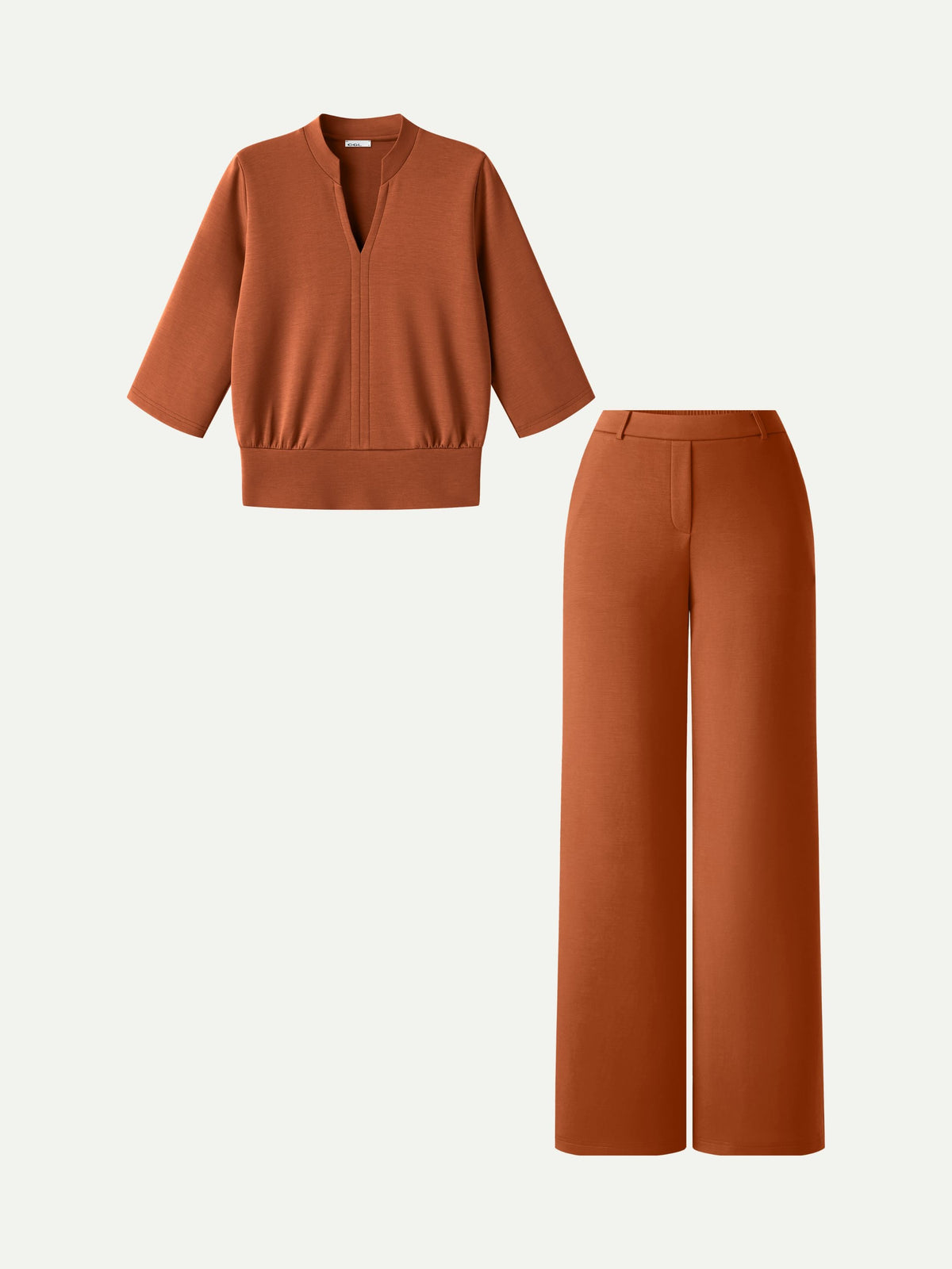 2Pcs Set V-Neck Elbow Sleeve Top & High-Rise Wide Leg Pants with Pockets