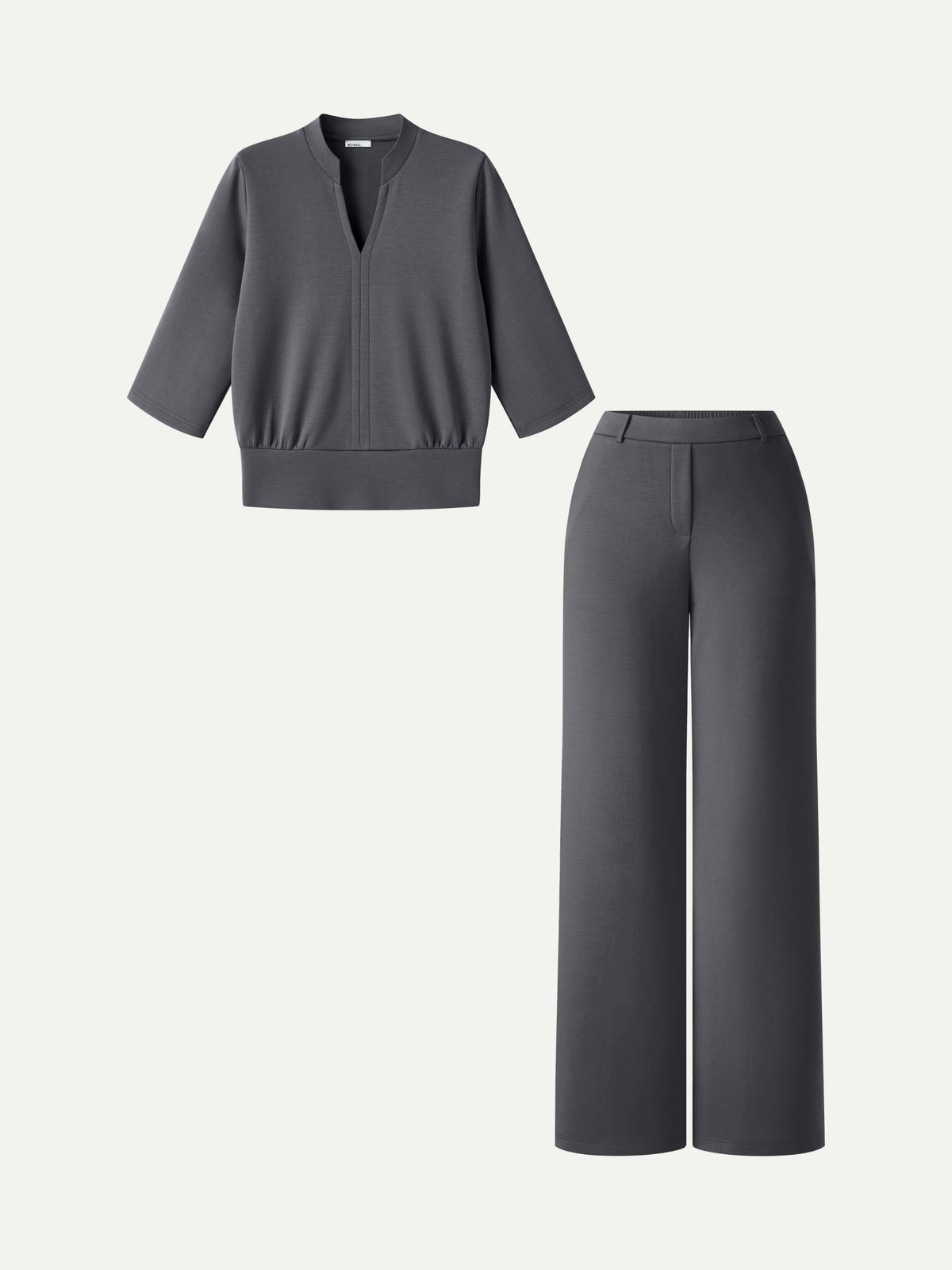 2Pcs Set V-Neck Elbow Sleeve Top & High-Rise Wide Leg Pants with Pockets