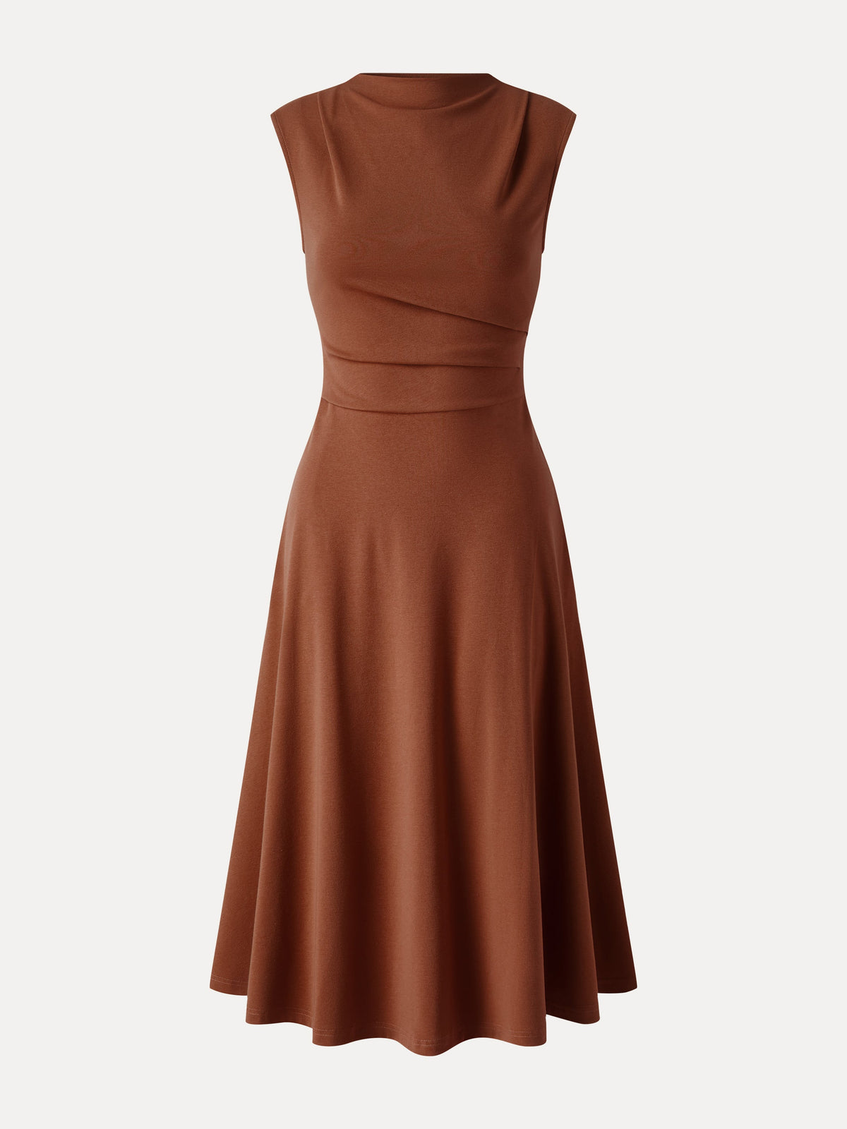 Viscose-Cotton Mock Neck Sleeveless Tucked Midi Dress