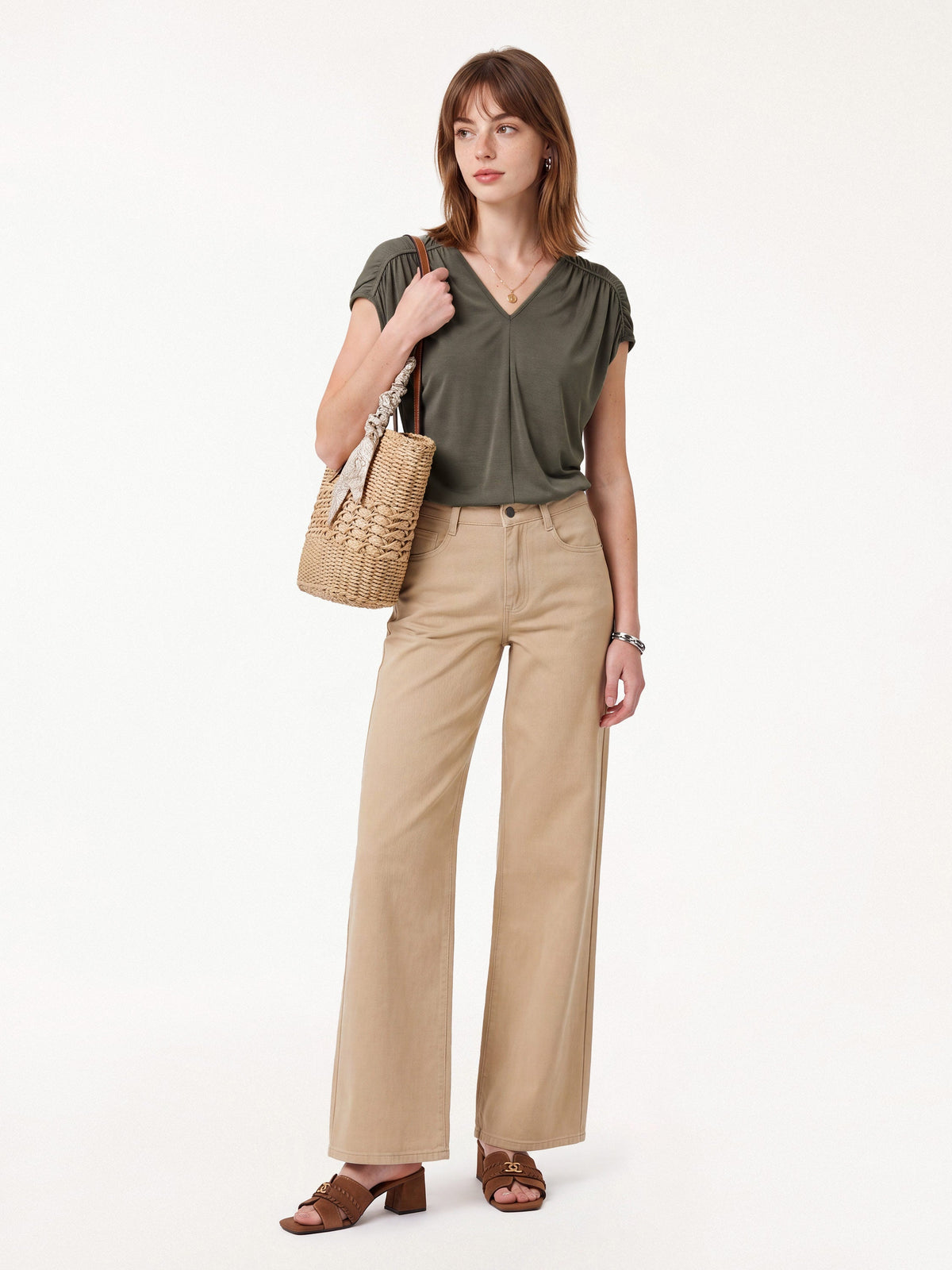 Modal Relaxed V-Neck Gathered Shoulder Top