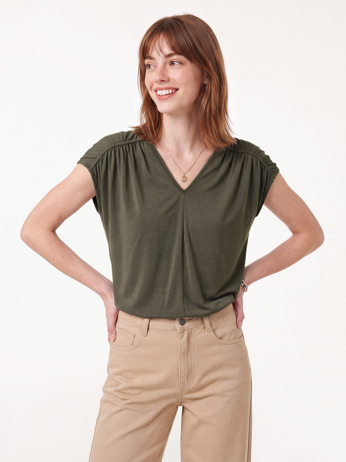 Modal Relaxed V-Neck Gathered Shoulder Top