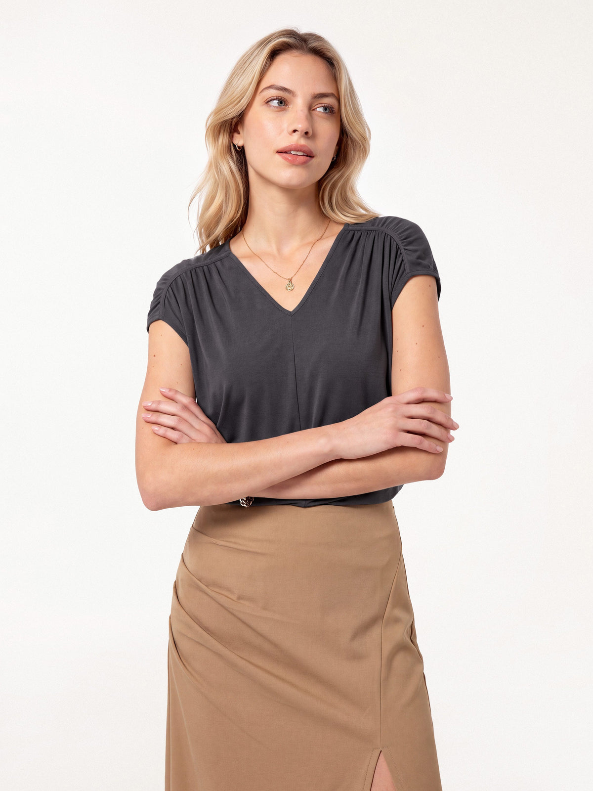 Modal Relaxed V-Neck Gathered Shoulder Top