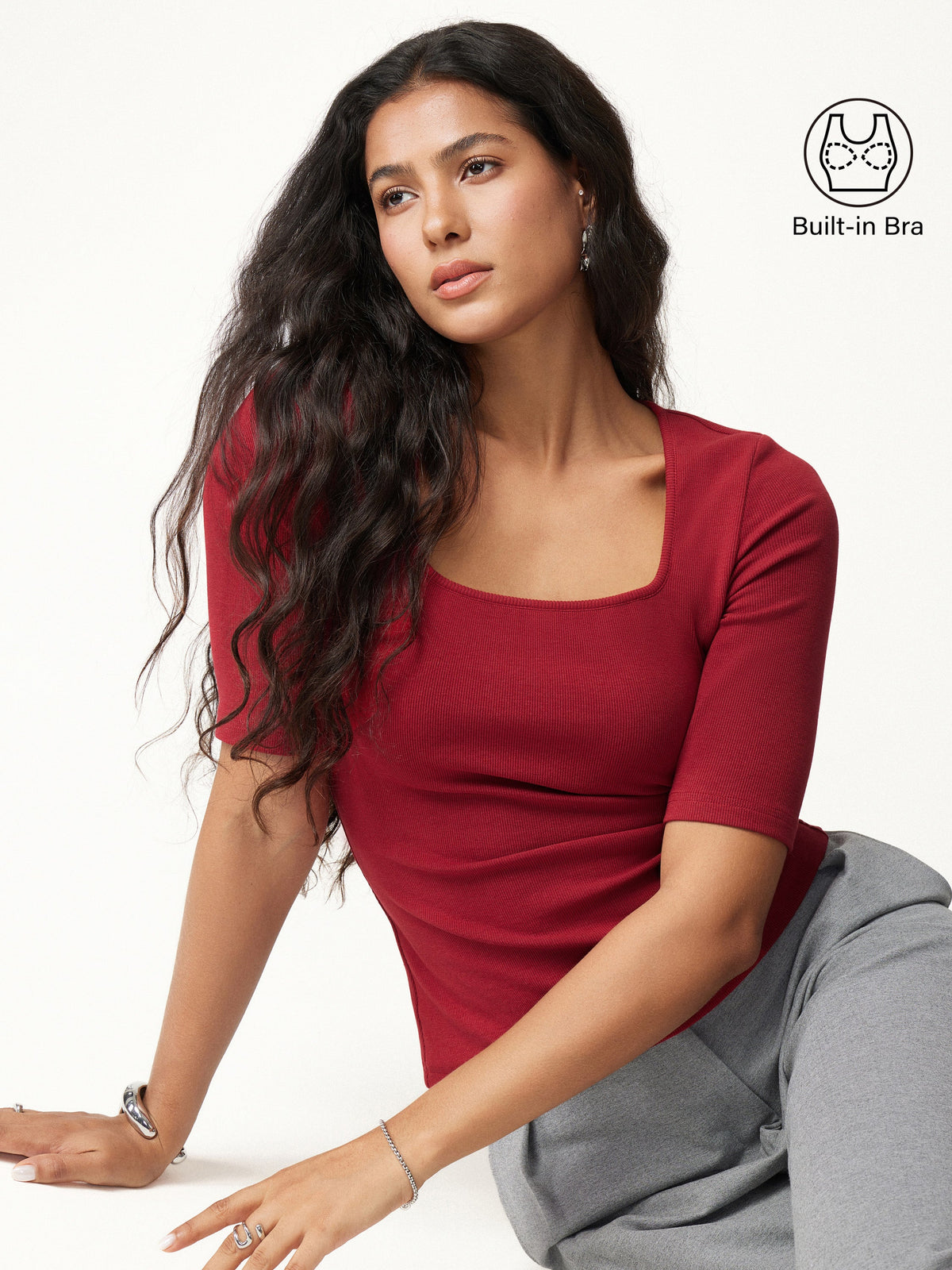 Essential Stretch Cotton Square Neck Elbow Length Sleeve Bra Top
