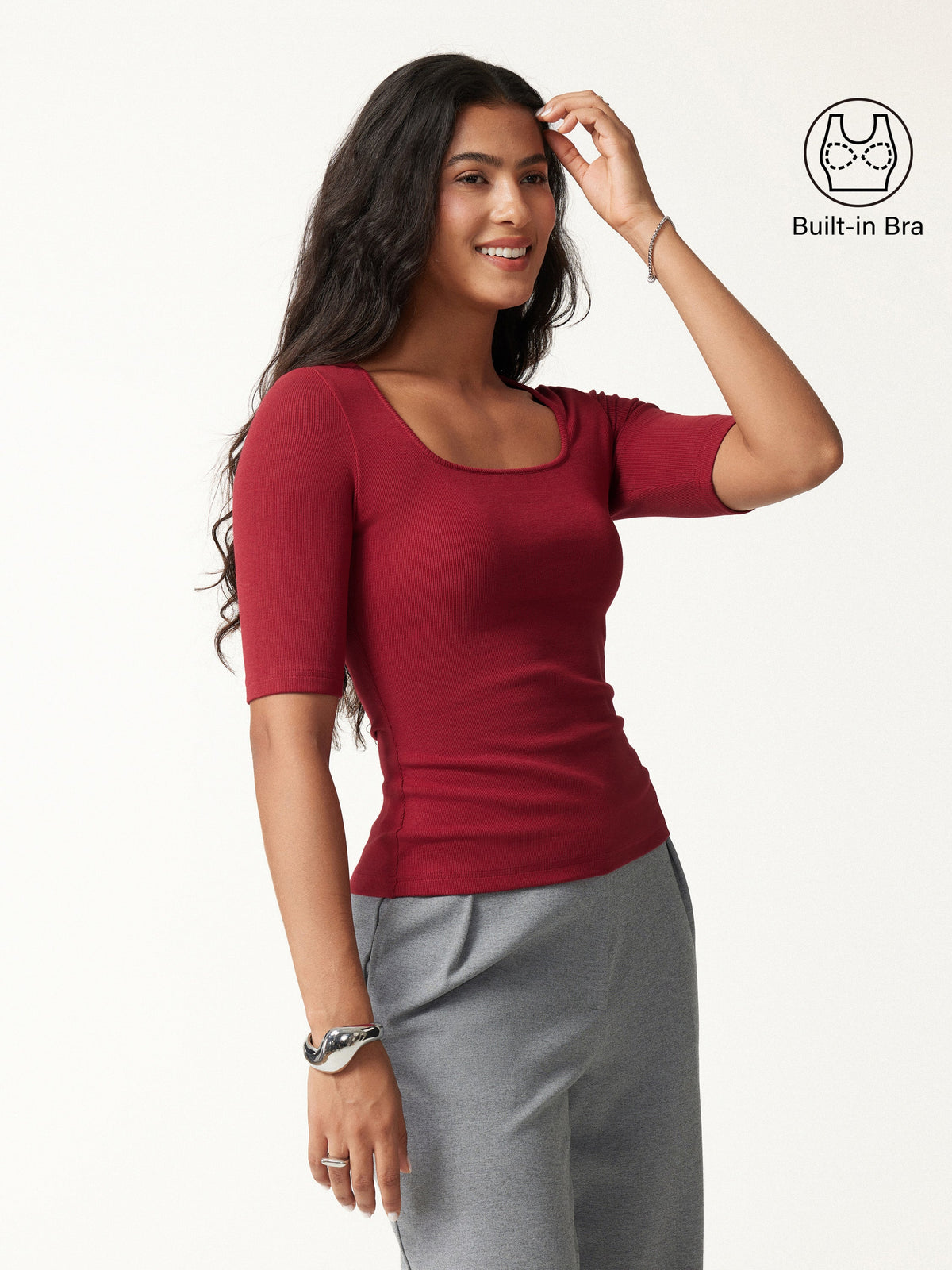 Essential Stretch Cotton Square Neck Elbow Length Sleeve Bra Top
