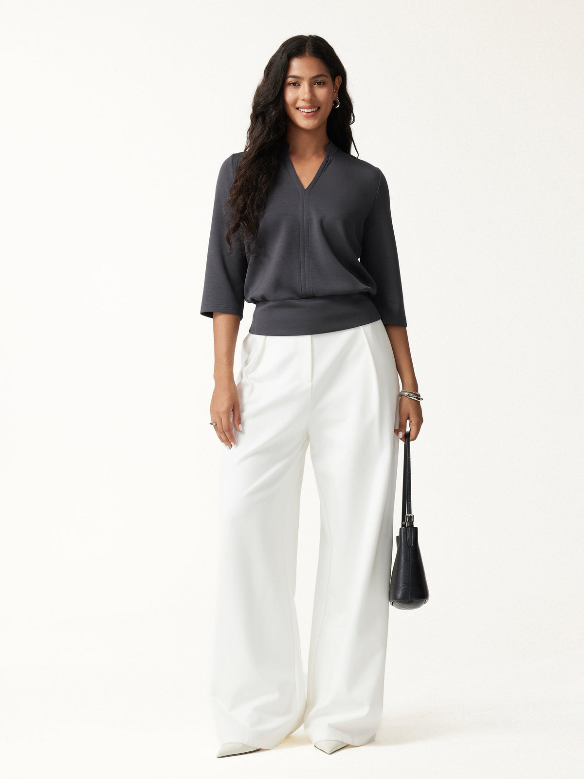 Lyocell Spacer Knit V-Neck Elbow Sleeve Banded Hem Top