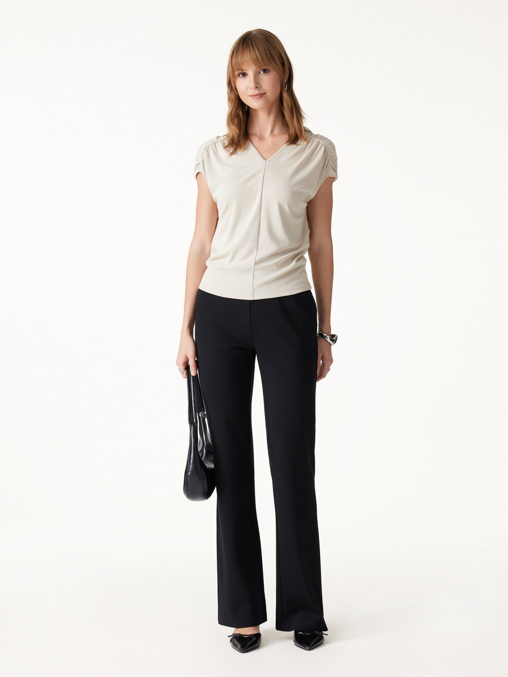 Modal Relaxed V-Neck Gathered Shoulder Top