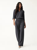 2Pcs Set V-Neck Elbow Sleeve Top & High-Rise Wide Leg Pants with Pockets