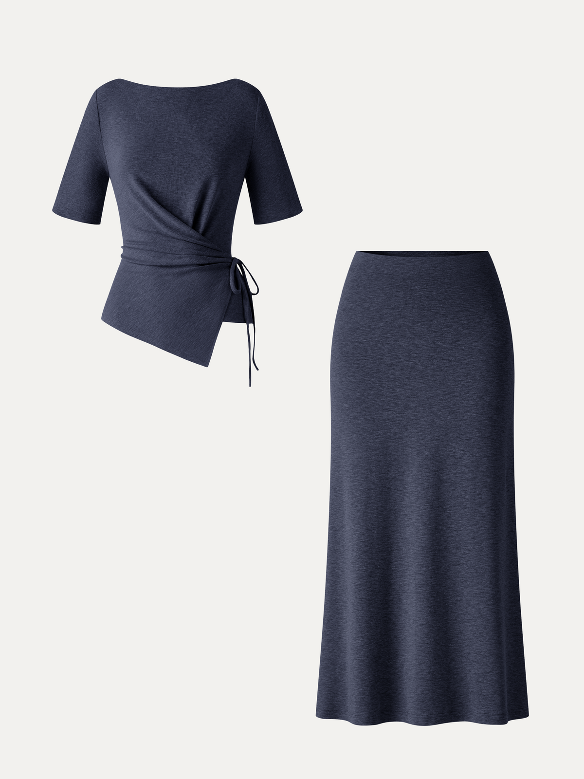 2Pcs Set Short Sleeve Tie-Side Top & Side-Slit A-Line Midi Skirt