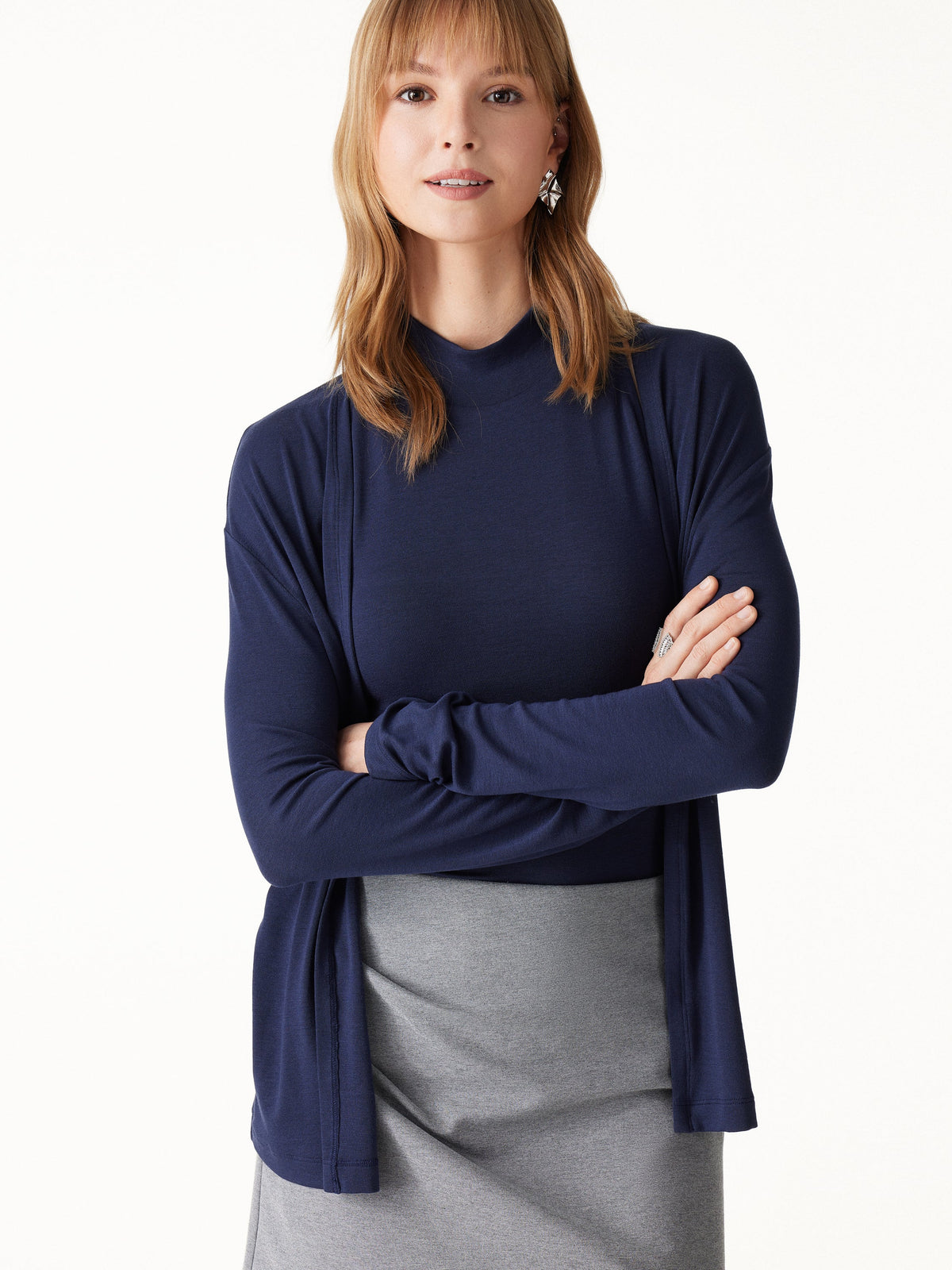 2Pcs Set Mock Neck Bra Top & Open-Front Long Sleeve Cardigan